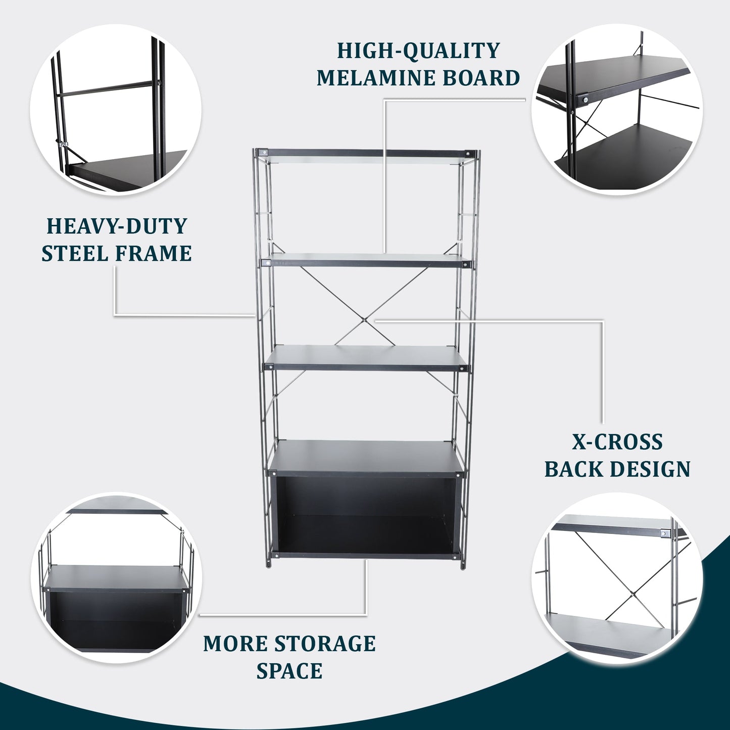 Brentwood Etagere Bookcase with White Powder Coated Steel Frame and Melamine Board Shelves