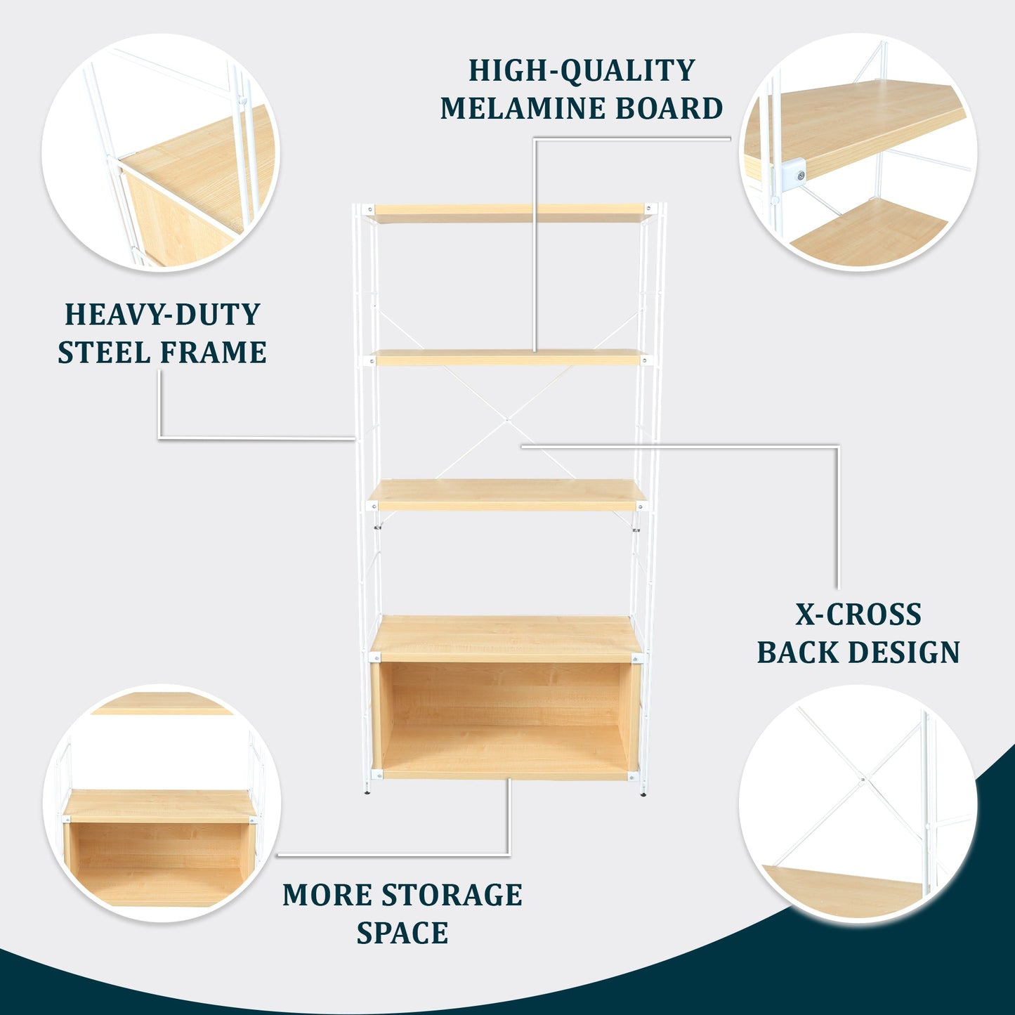Brentwood Etagere Bookcase with White Powder Coated Steel Frame and Melamine Board Shelves