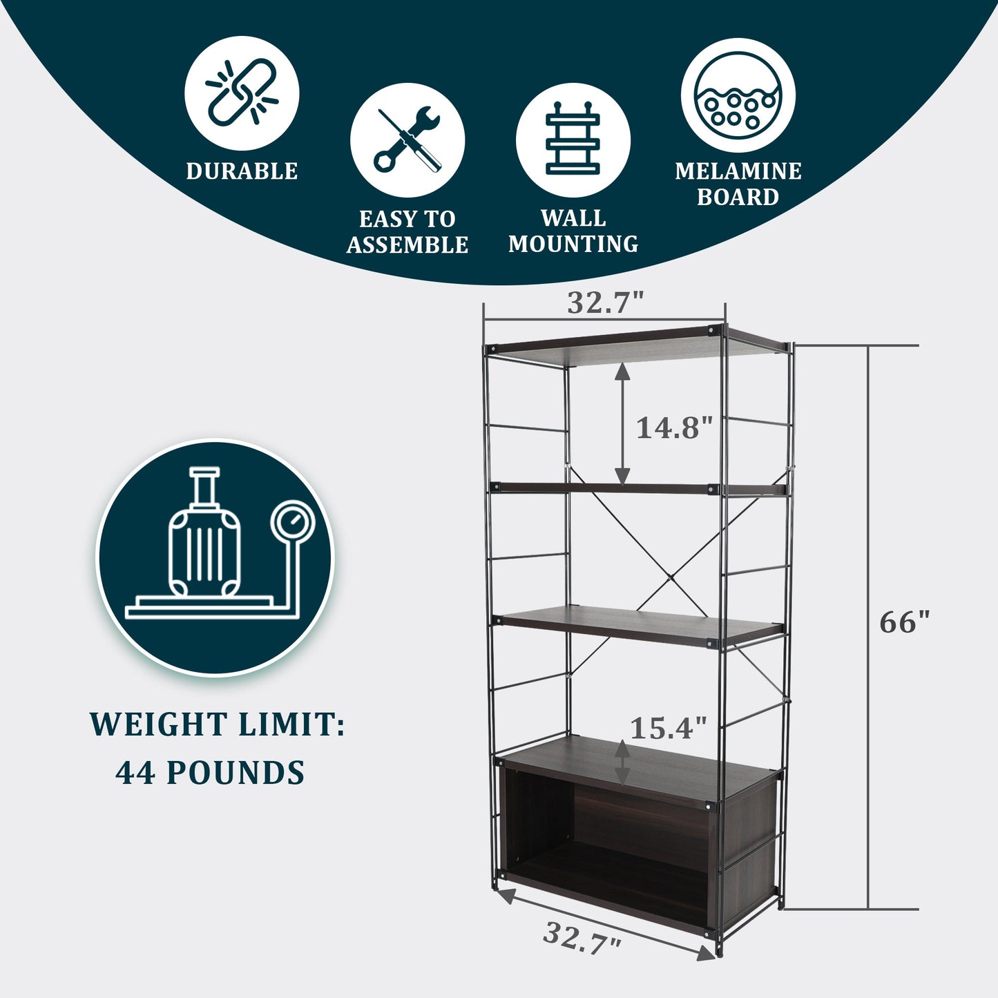 Brentwood Etagere Bookcase with White Powder Coated Steel Frame and Melamine Board Shelves