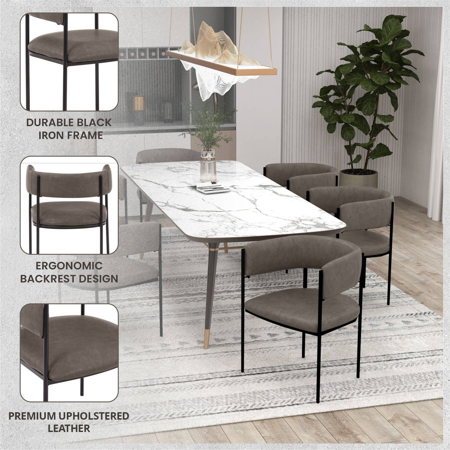 Cyril Dining Chair in Leather/Velvet with Open Back Design and Powder-Coated Iron Frame Set of 4