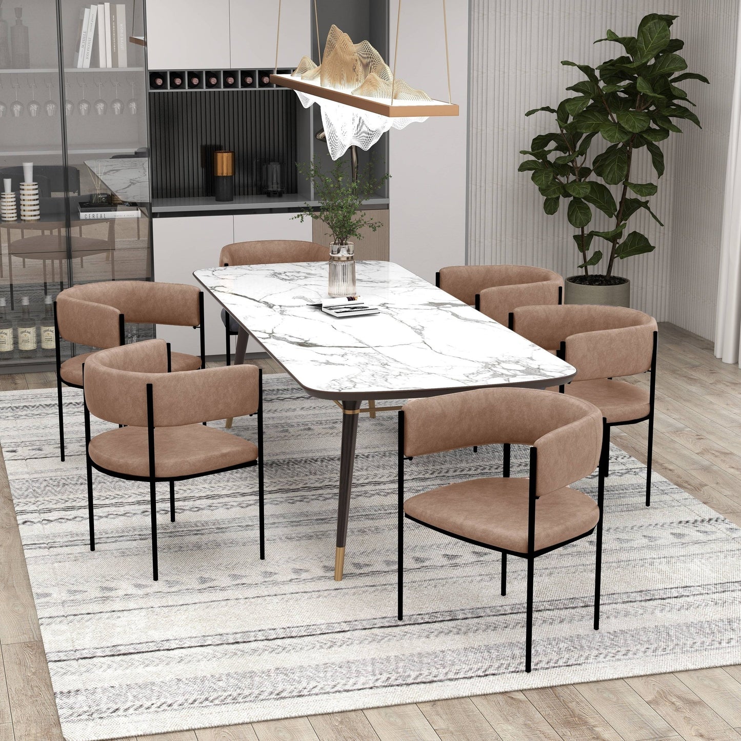 Cyril Dining Chair in Leather/Velvet with Open Back Design and Powder-Coated Iron Frame Set of 4