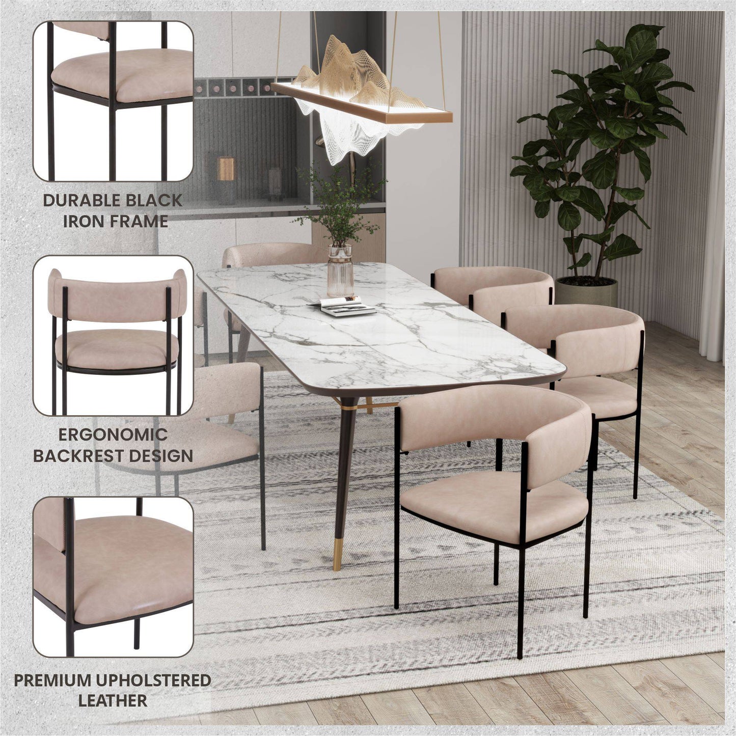 Cyril Dining Chair in Leather/Velvet with Open Back Design and Powder-Coated Iron Frame Set of 2