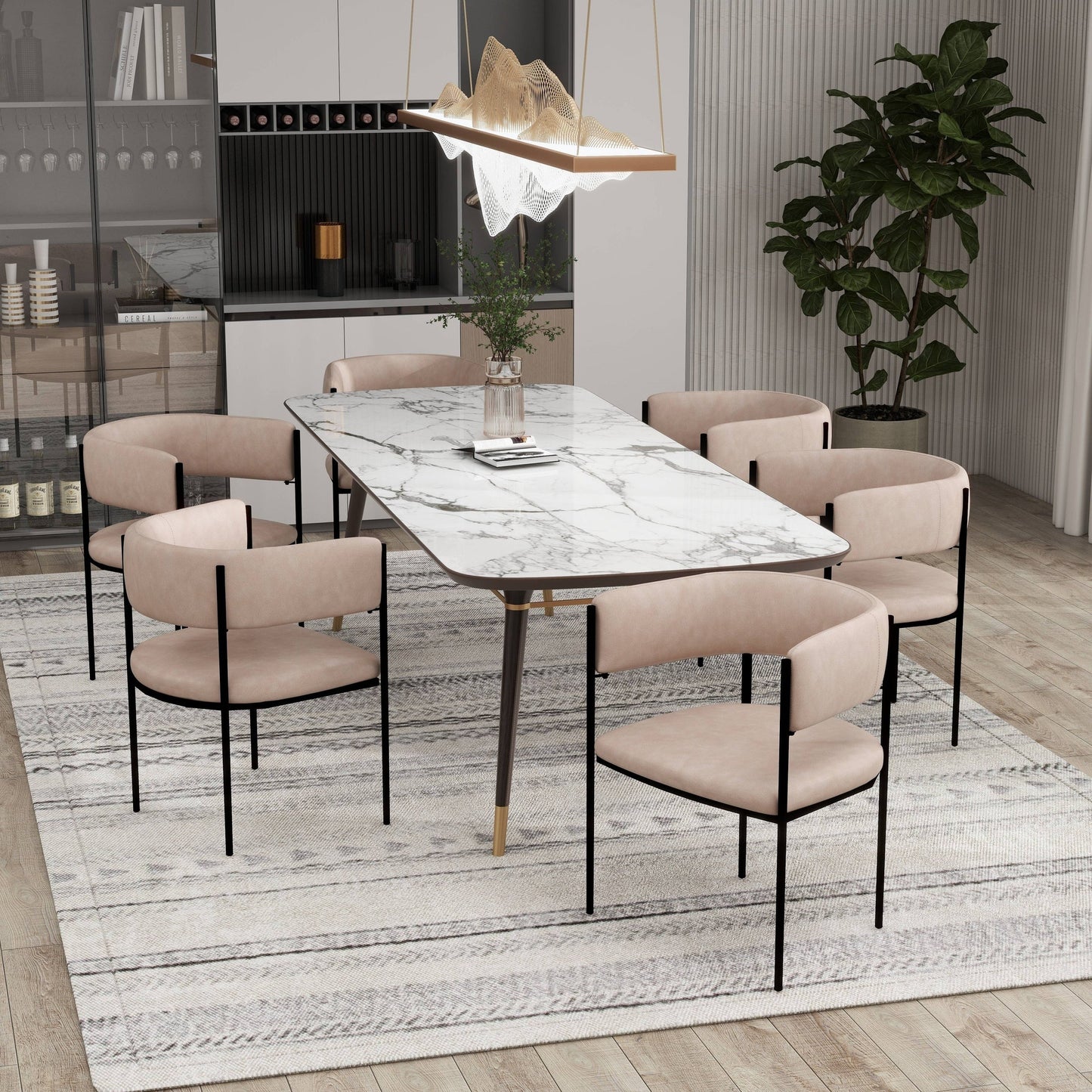 Cyril Dining Chair in Leather/Velvet with Open Back Design and Powder-Coated Iron Frame Set of 4