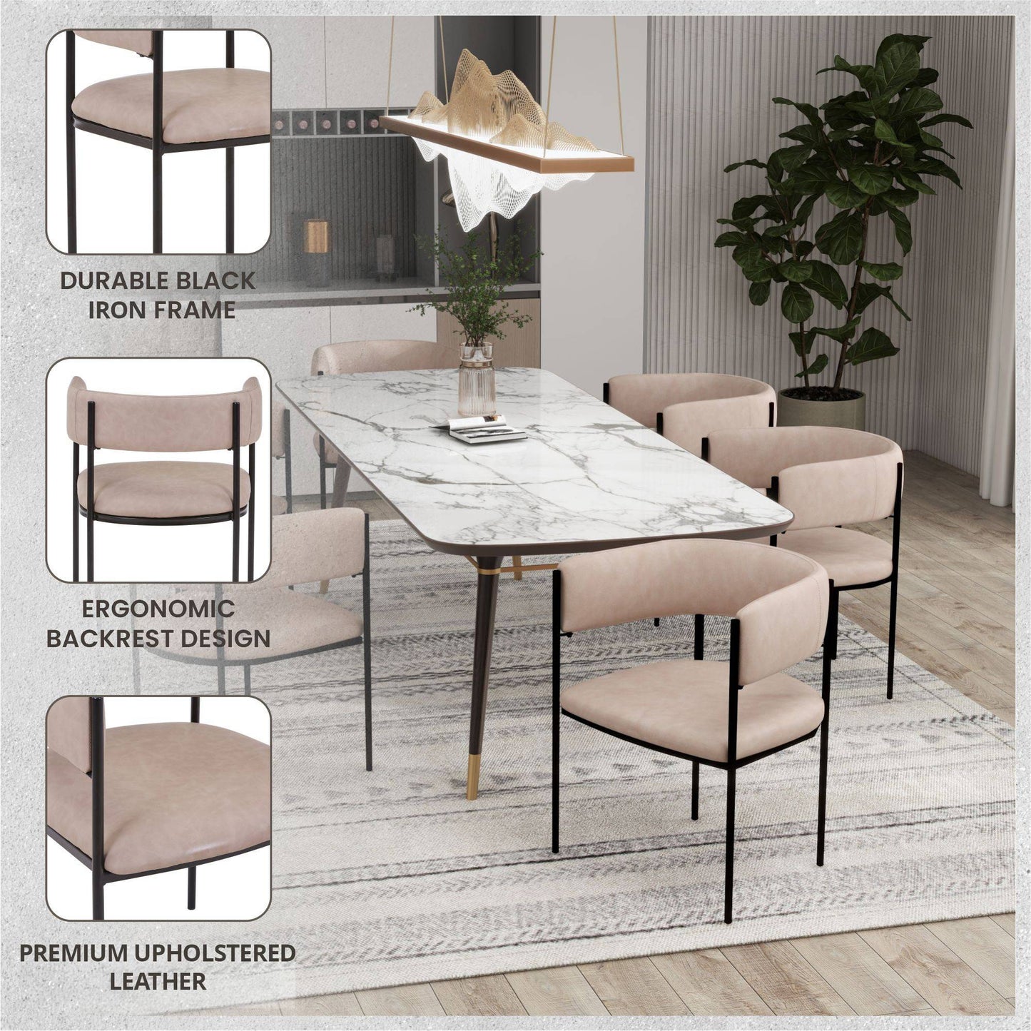 Cyril Dining Chair in Leather/Velvet with Open Back Design and Powder-Coated Iron Frame Set of 4