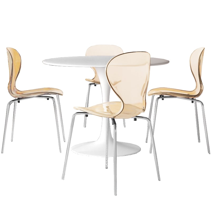 LeisureMod 5-Piece Dining Set Round White MDF Dining Table and 4 Acrylic Dining Chairs with Chrome Legs