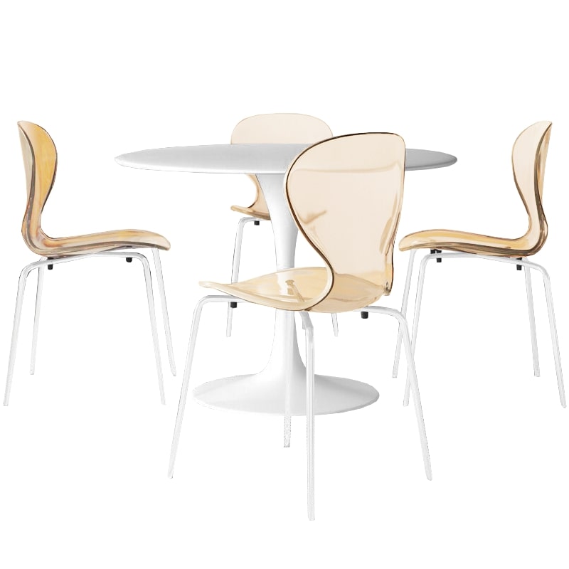 LeisureMod 5-Piece Dining Set Round White MDF Table and 4 Acrylic Chairs with White Base
