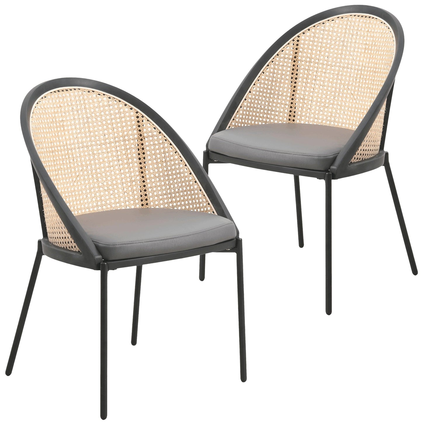 Urbane Dining Chair with Vinyl Fabric Seat and Wicker Backrest in Stainless Steel Legs Set of 2