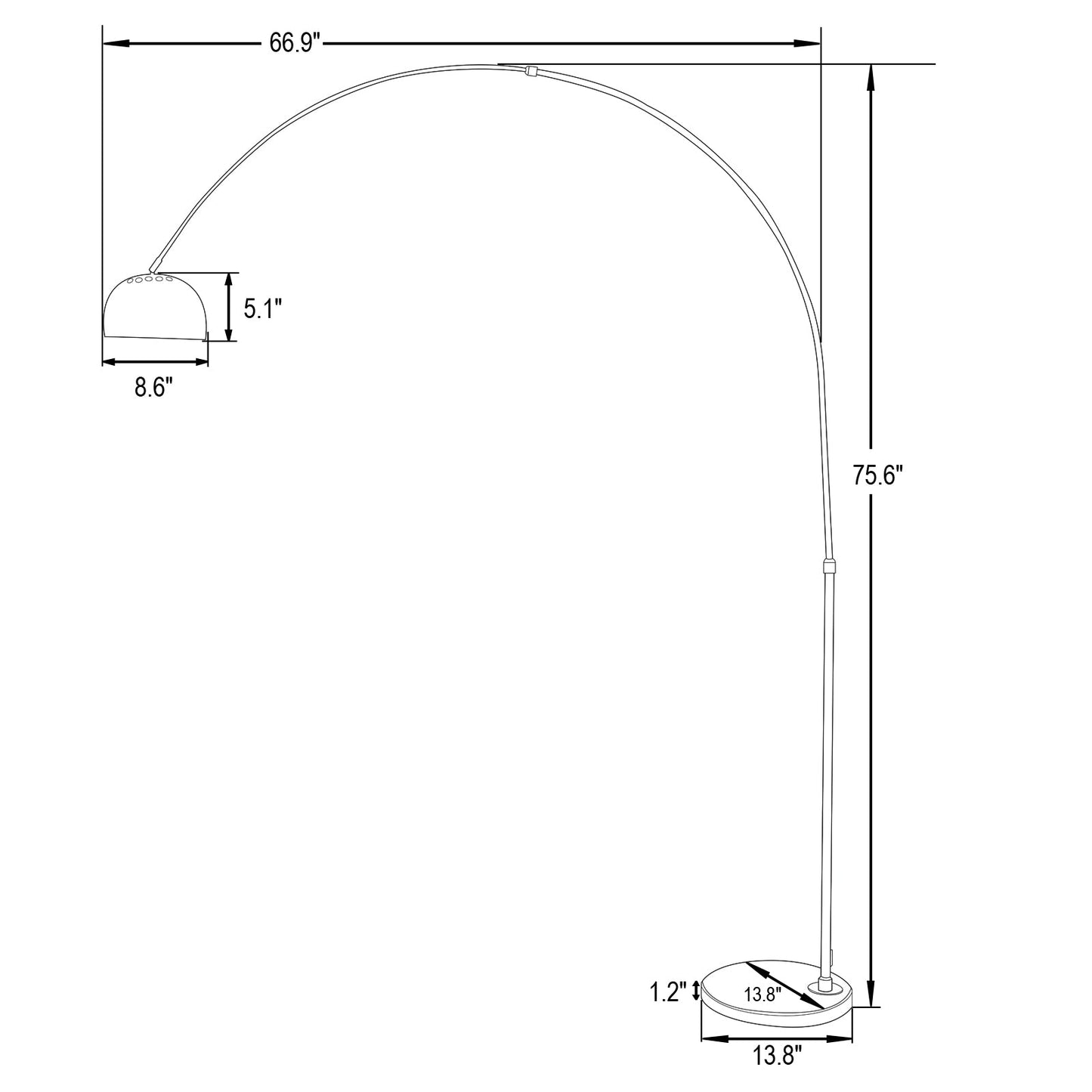 Arco Modern Arched Floor Lamp 76" Height with White Round Marble Base and Metal Dome Lamp Shade