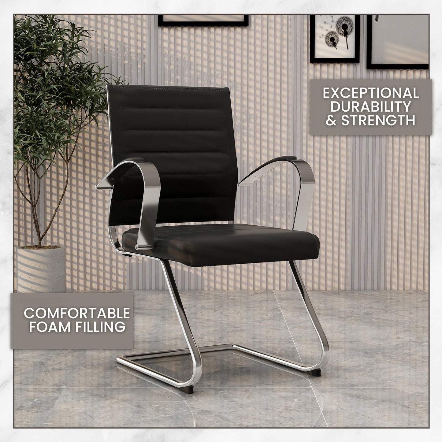 Benmar Mid-Back Office Conference Chair Upholstered in Leather with Stainless Steel Sled Base