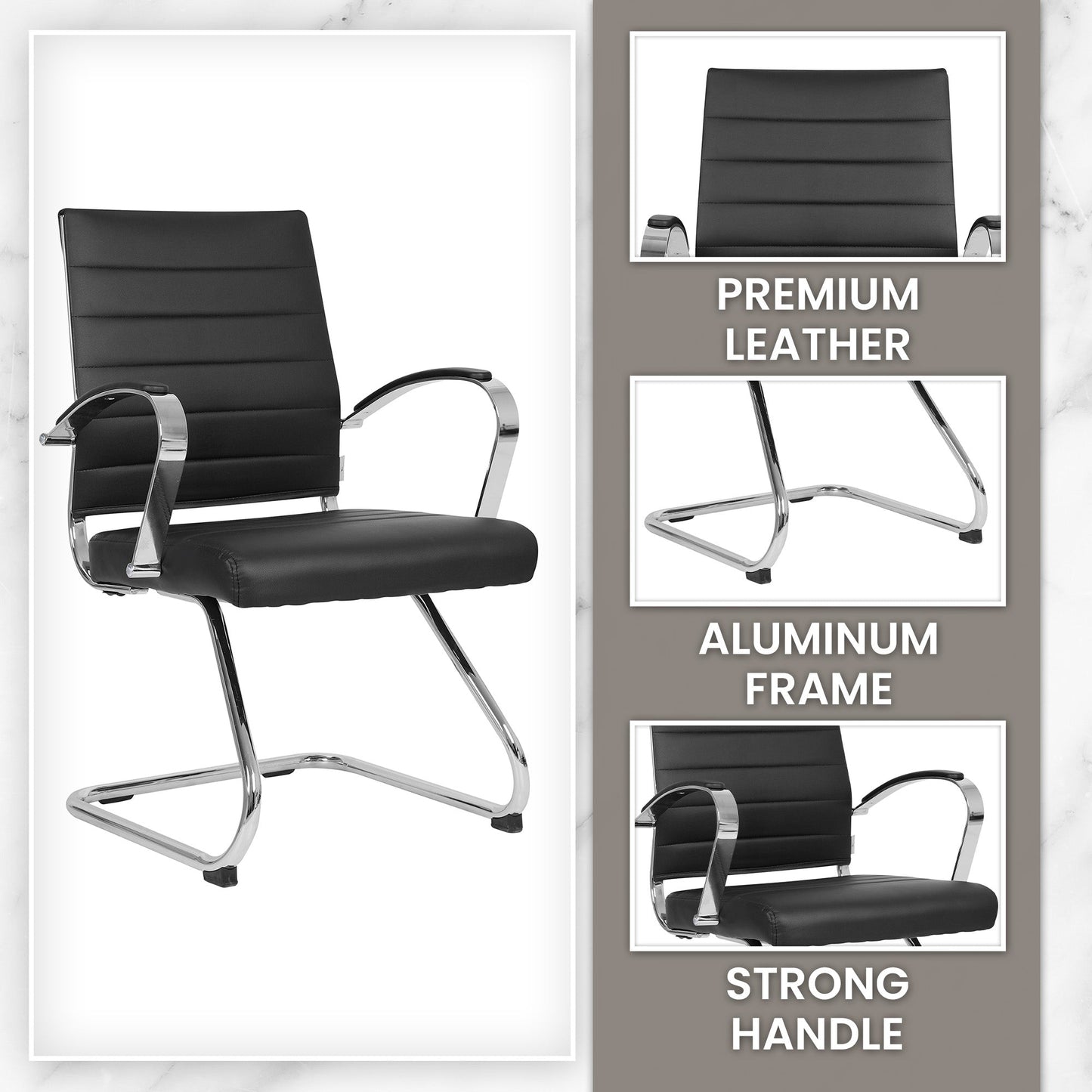 Benmar Mid-Back Office Conference Chair Upholstered in Leather with Stainless Steel Sled Base