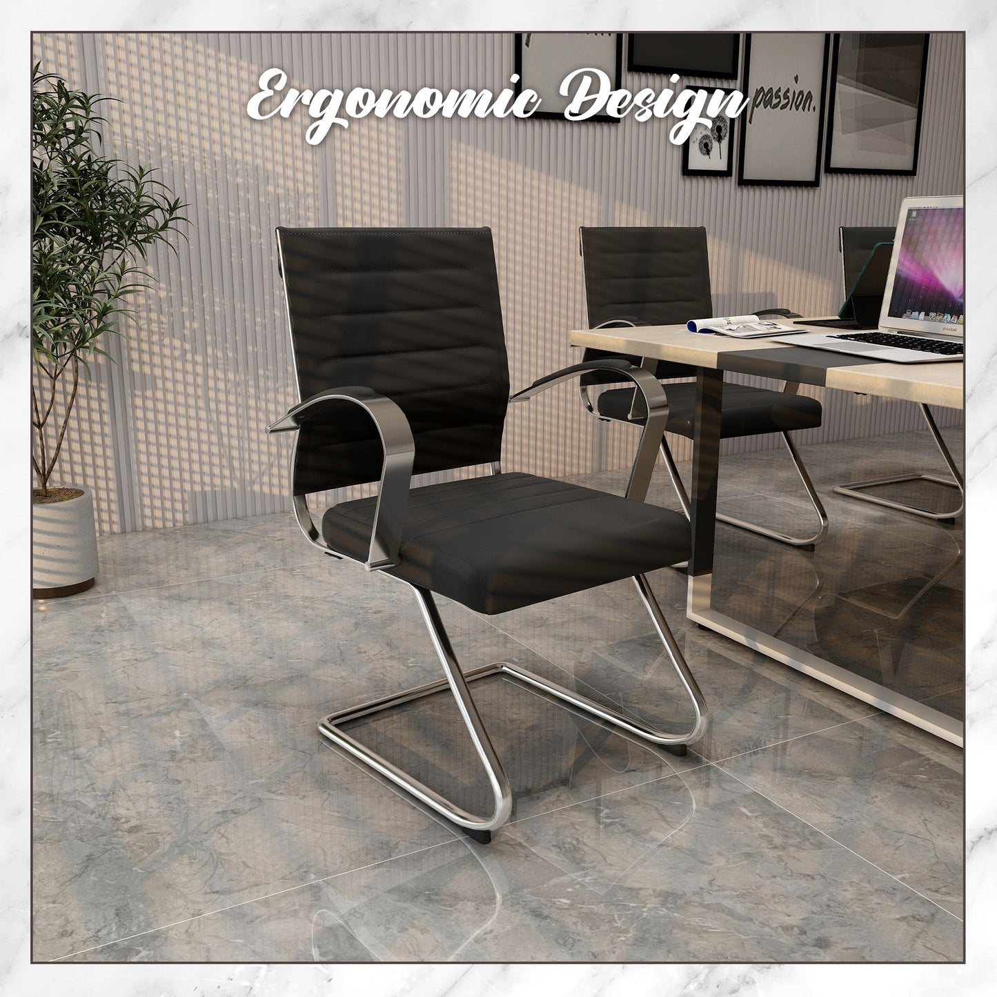 Benmar Mid-Back Office Conference Chair Upholstered in Leather with Stainless Steel Sled Base