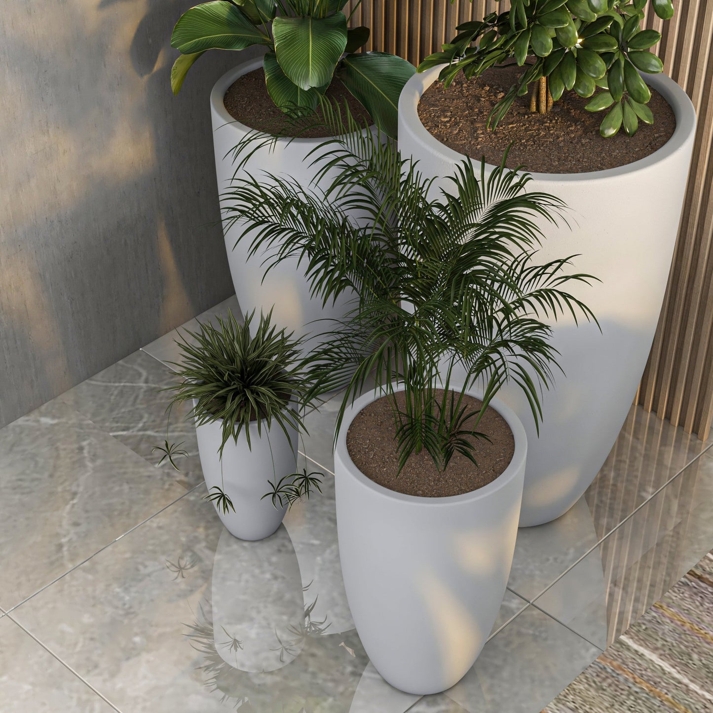 Crete Modern 4-Piece Tapered Round Planter Pot Set in Fiberstone and Clay Weather Resistant Design