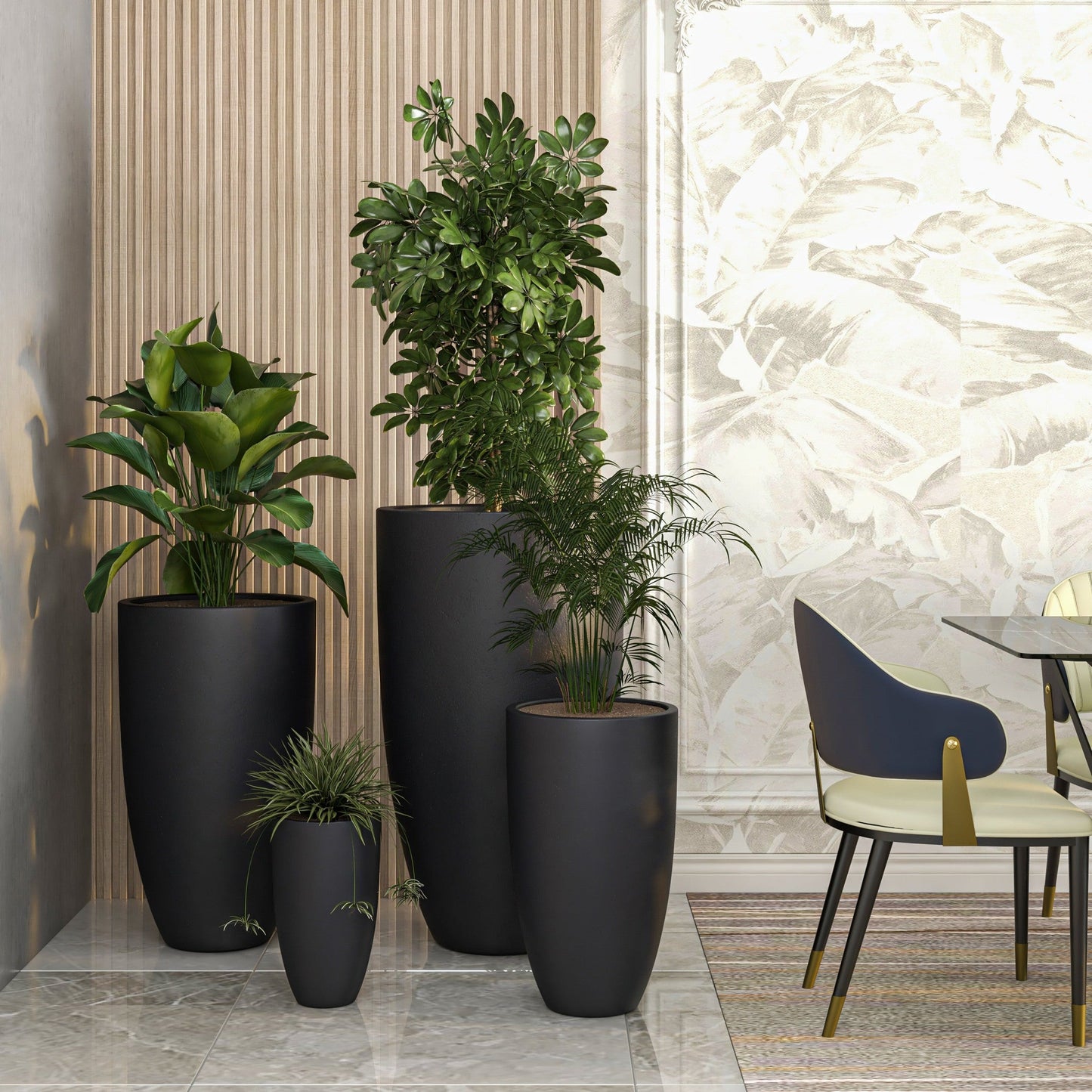 Crete Modern 4-Piece Tapered Round Planter Pot Set in Fiberstone and Clay Weather Resistant Design