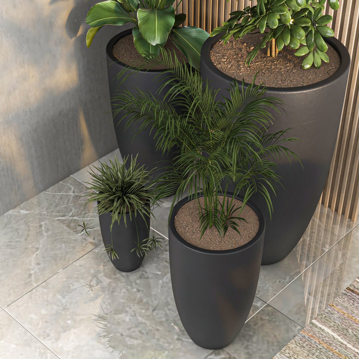 Crete Modern 4-Piece Tapered Round Planter Pot Set in Fiberstone and Clay Weather Resistant Design