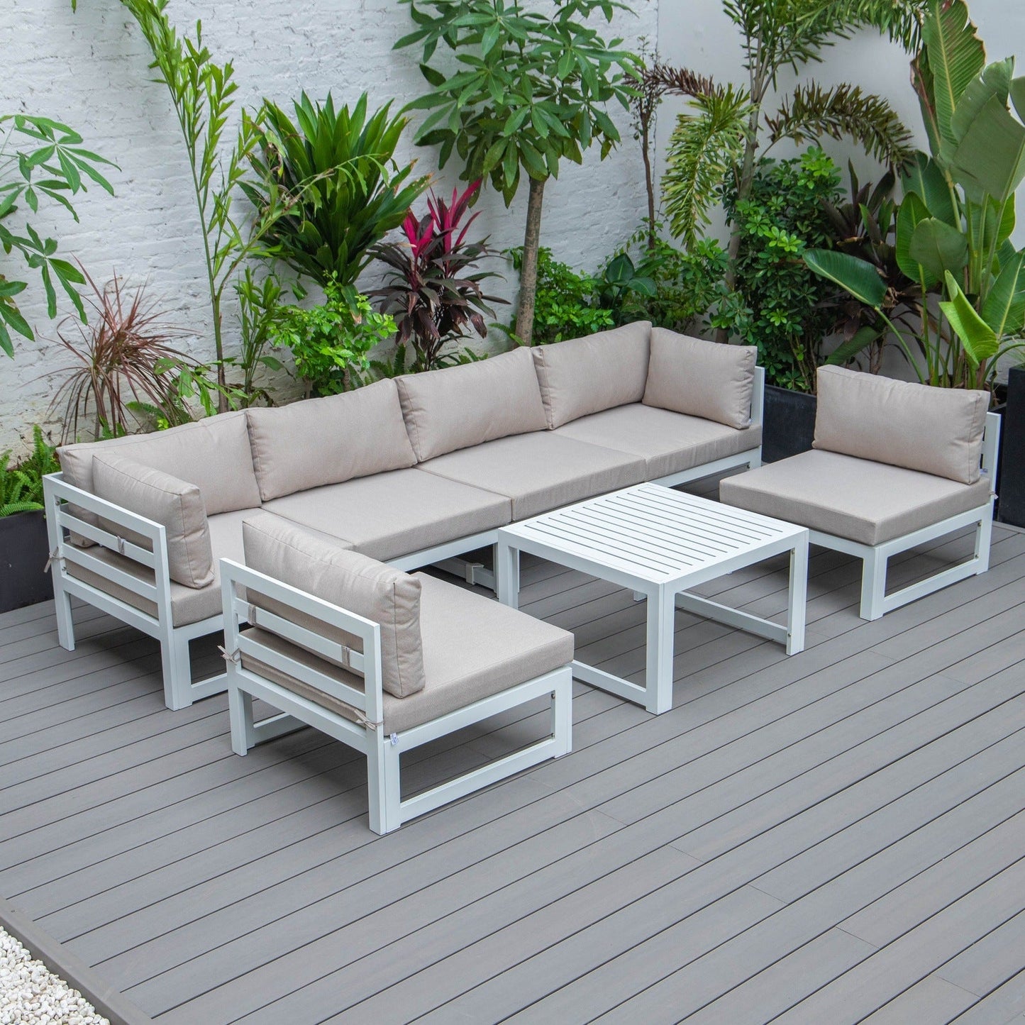 Chelsea 7-Piece Patio Sectional And Coffee Table Set In White Aluminum With Cushions