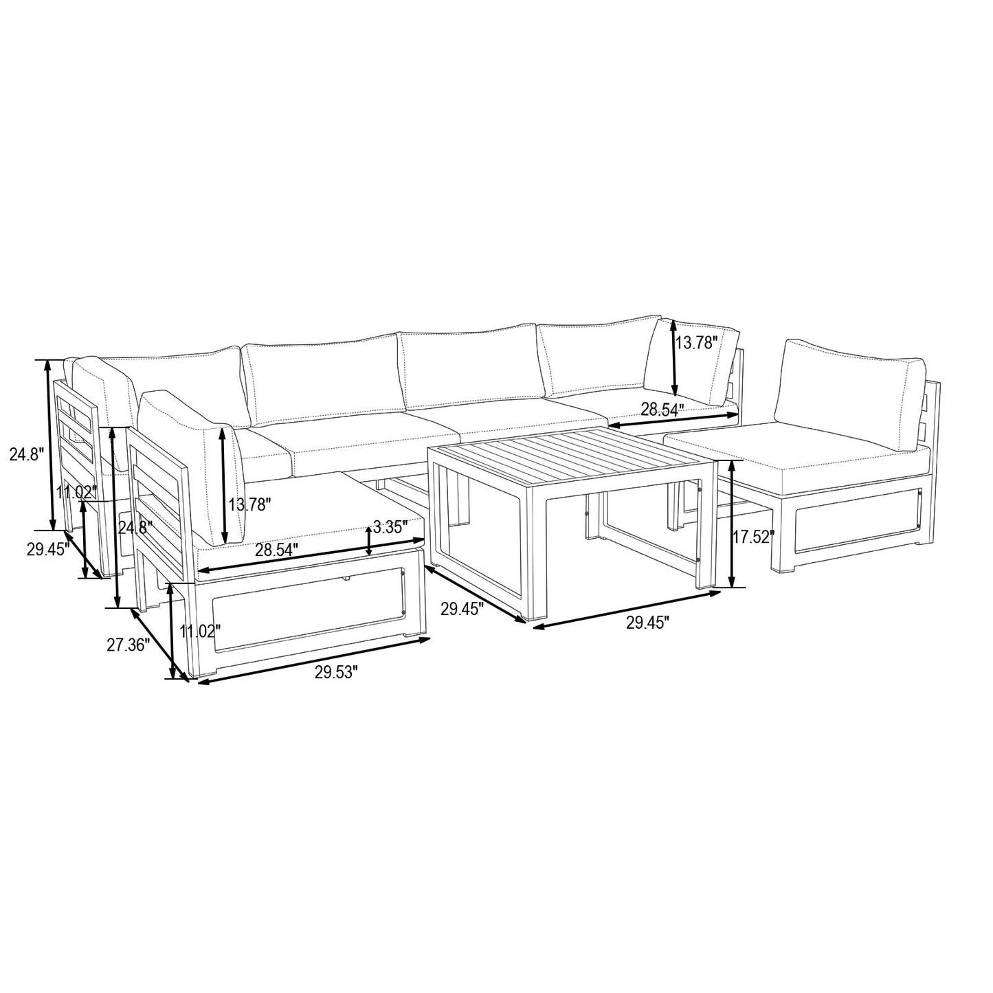 Chelsea 7-Piece Patio Sectional And Coffee Table Set In White Aluminum With Cushions