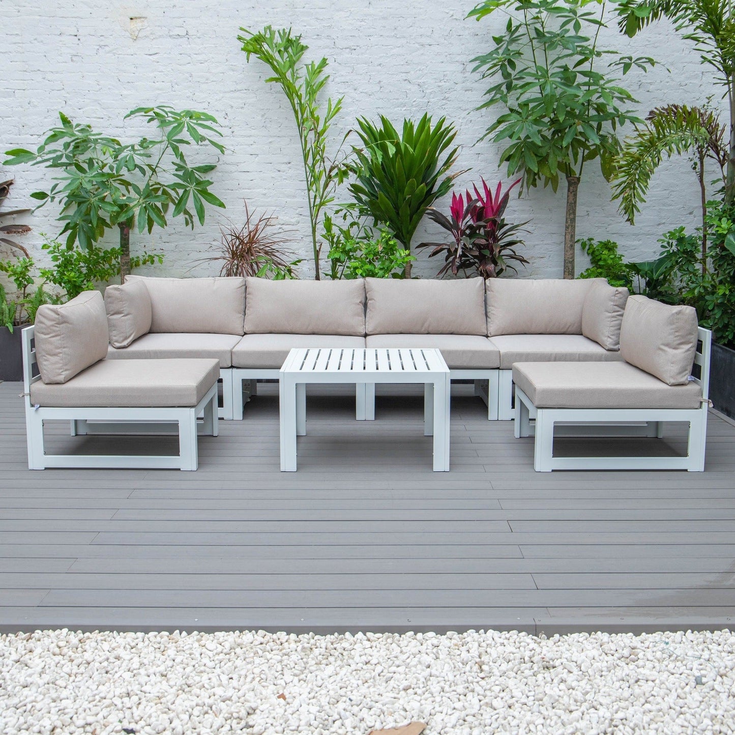 Chelsea 7-Piece Patio Sectional And Coffee Table Set In White Aluminum With Cushions