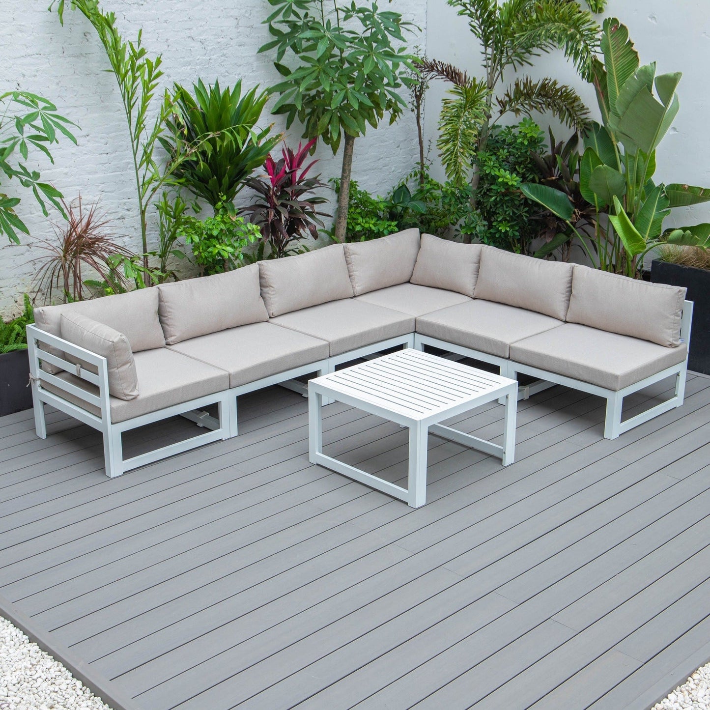 Chelsea 7-Piece Patio Sectional And Coffee Table Set In White Aluminum With Cushions