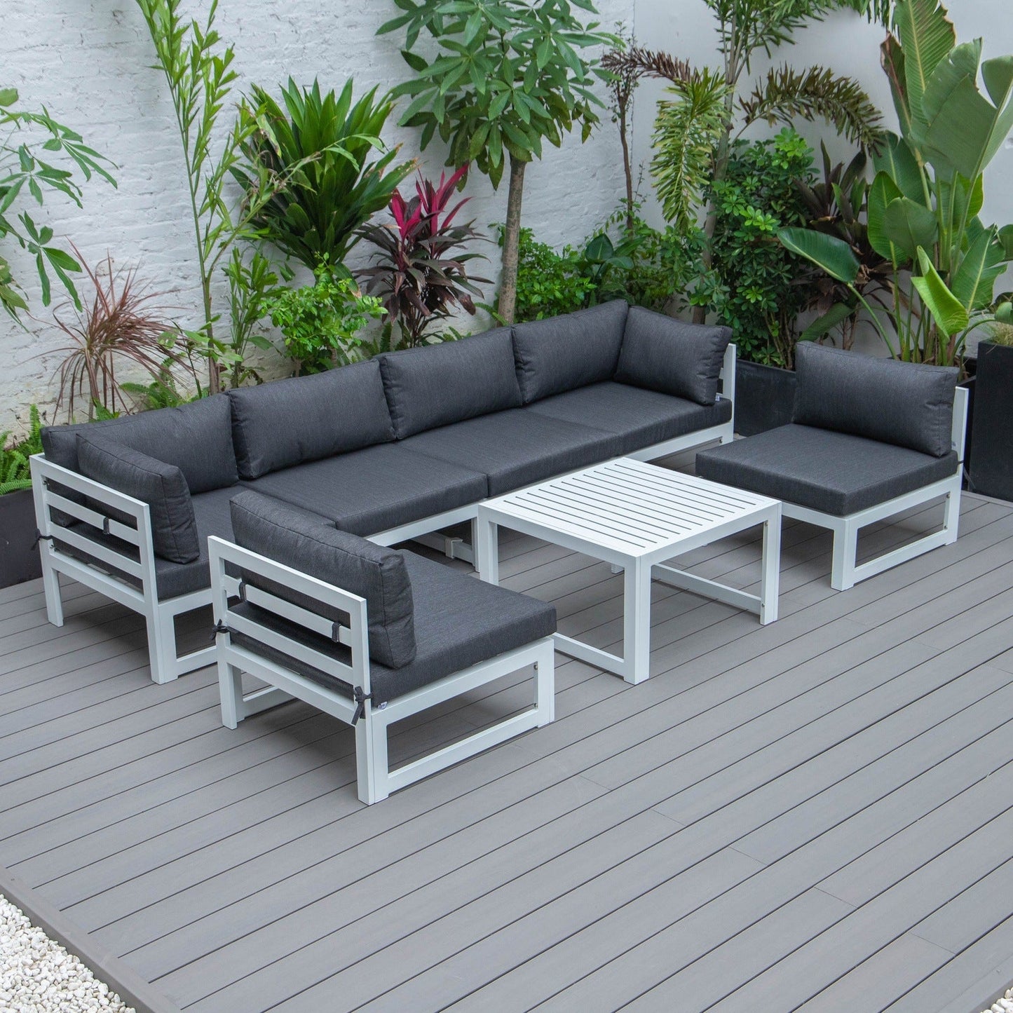 Chelsea 7-Piece Patio Sectional And Coffee Table Set In White Aluminum With Cushions