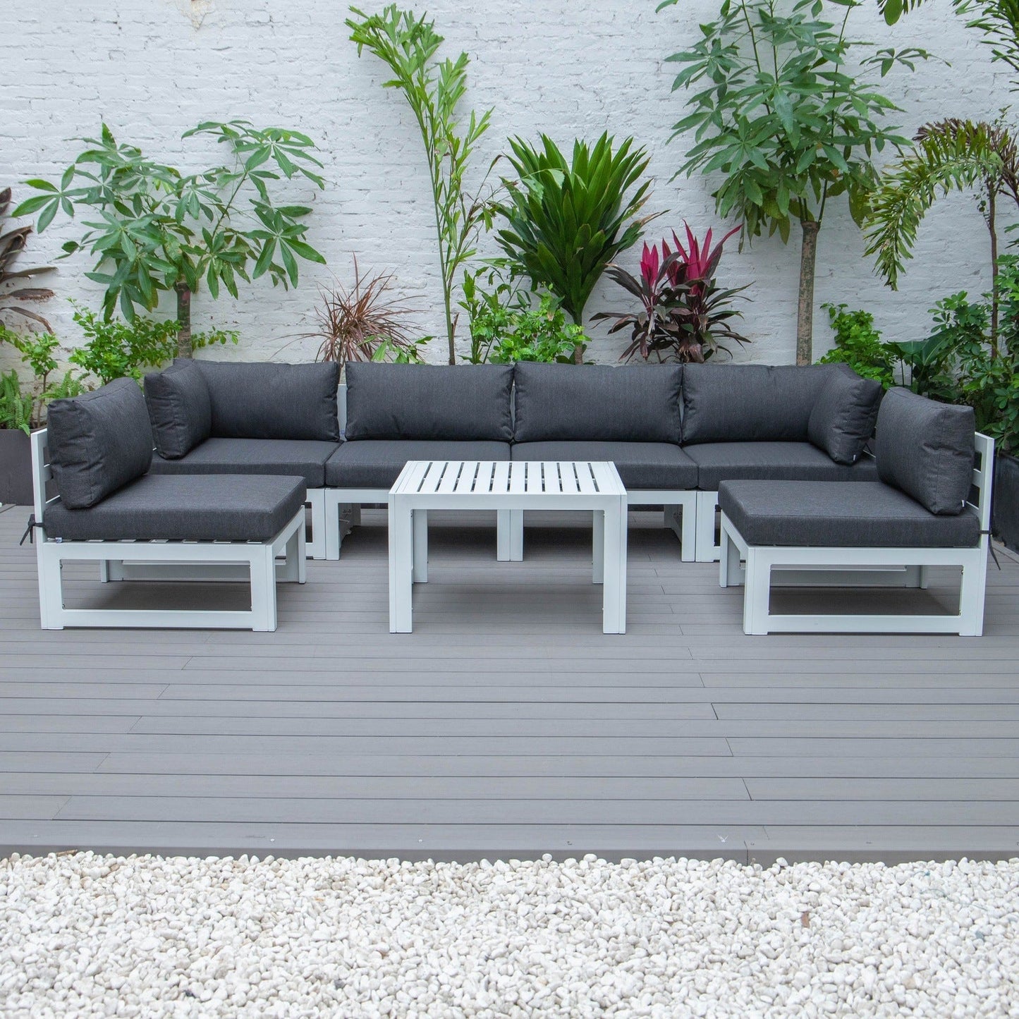 Chelsea 7-Piece Patio Sectional And Coffee Table Set In White Aluminum With Cushions