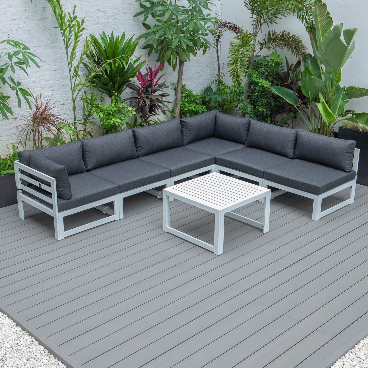 Chelsea 7-Piece Patio Sectional And Coffee Table Set In White Aluminum With Cushions
