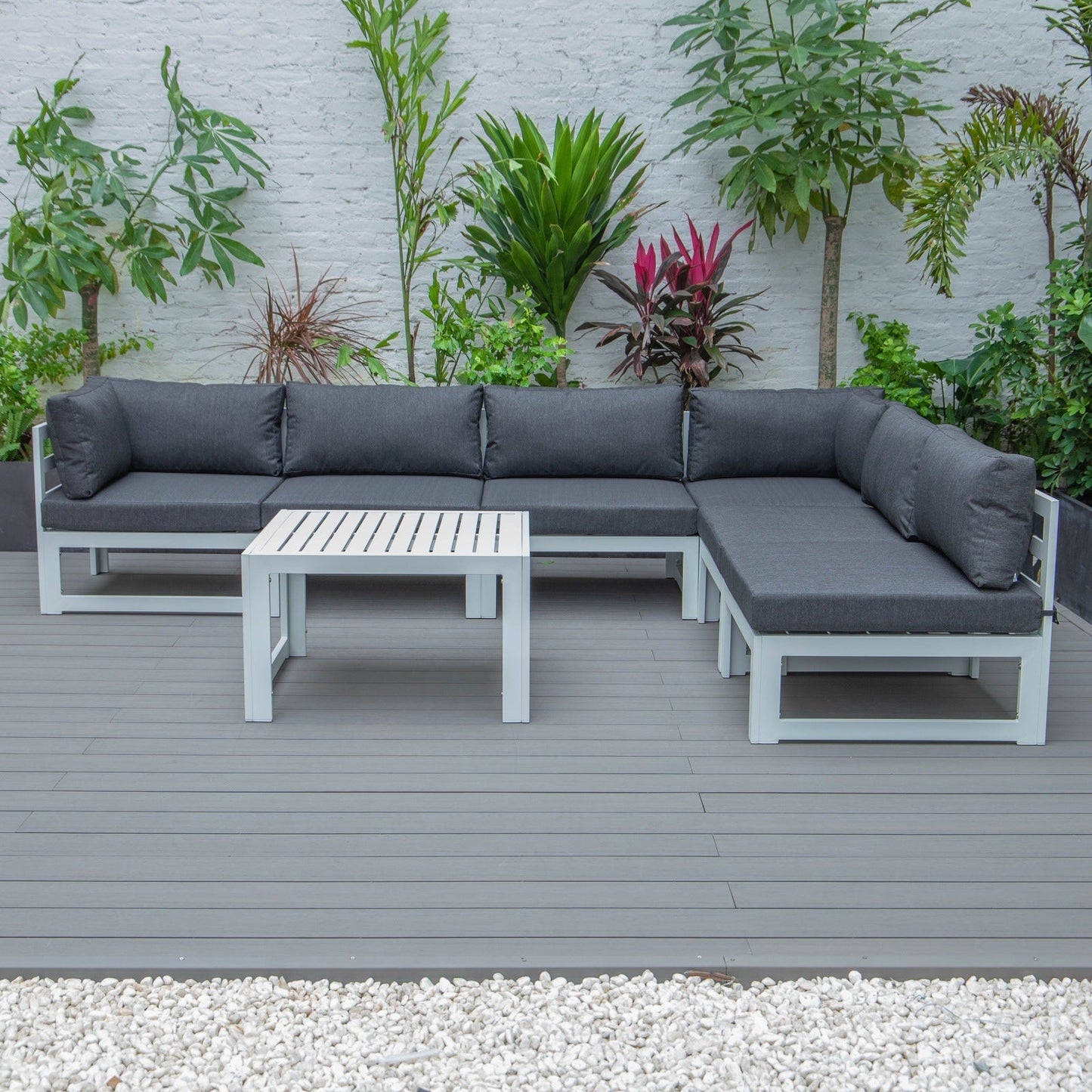 Chelsea 7-Piece Patio Sectional And Coffee Table Set In White Aluminum With Cushions