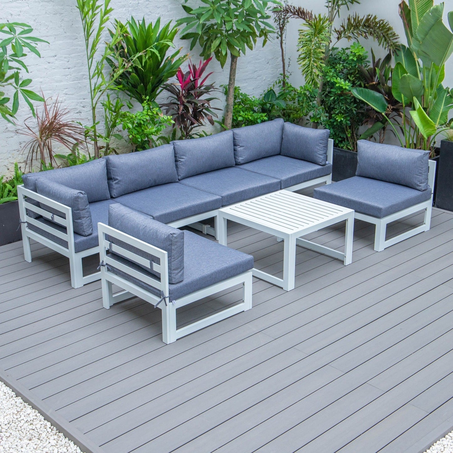 Chelsea 7-Piece Patio Sectional And Coffee Table Set In White Aluminum With Cushions