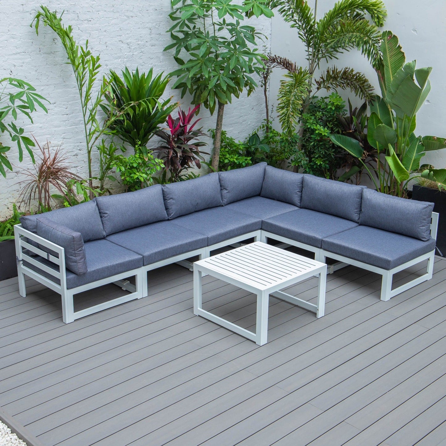 Chelsea 7-Piece Patio Sectional And Coffee Table Set In White Aluminum With Cushions