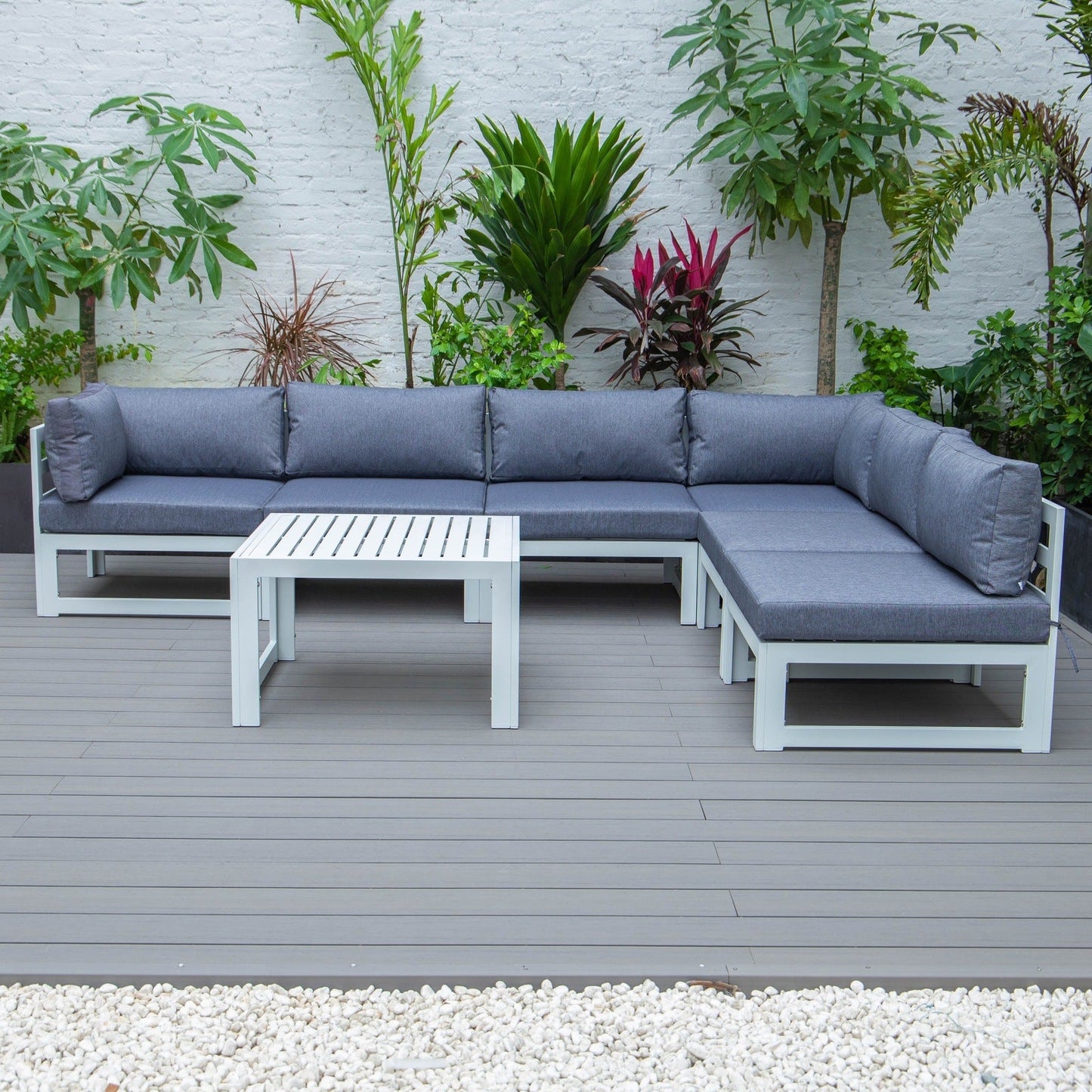 Chelsea 7-Piece Patio Sectional And Coffee Table Set In White Aluminum With Cushions