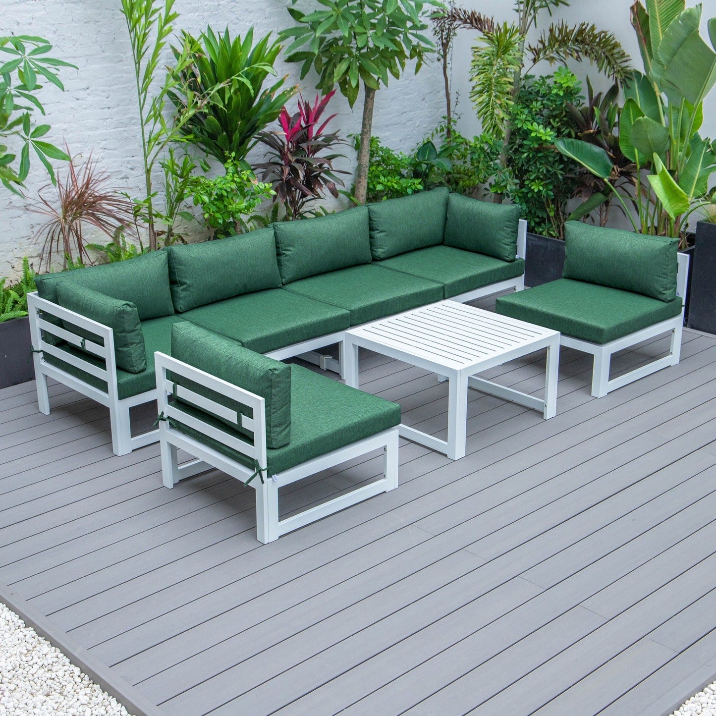 Chelsea 7-Piece Patio Sectional And Coffee Table Set In White Aluminum With Cushions
