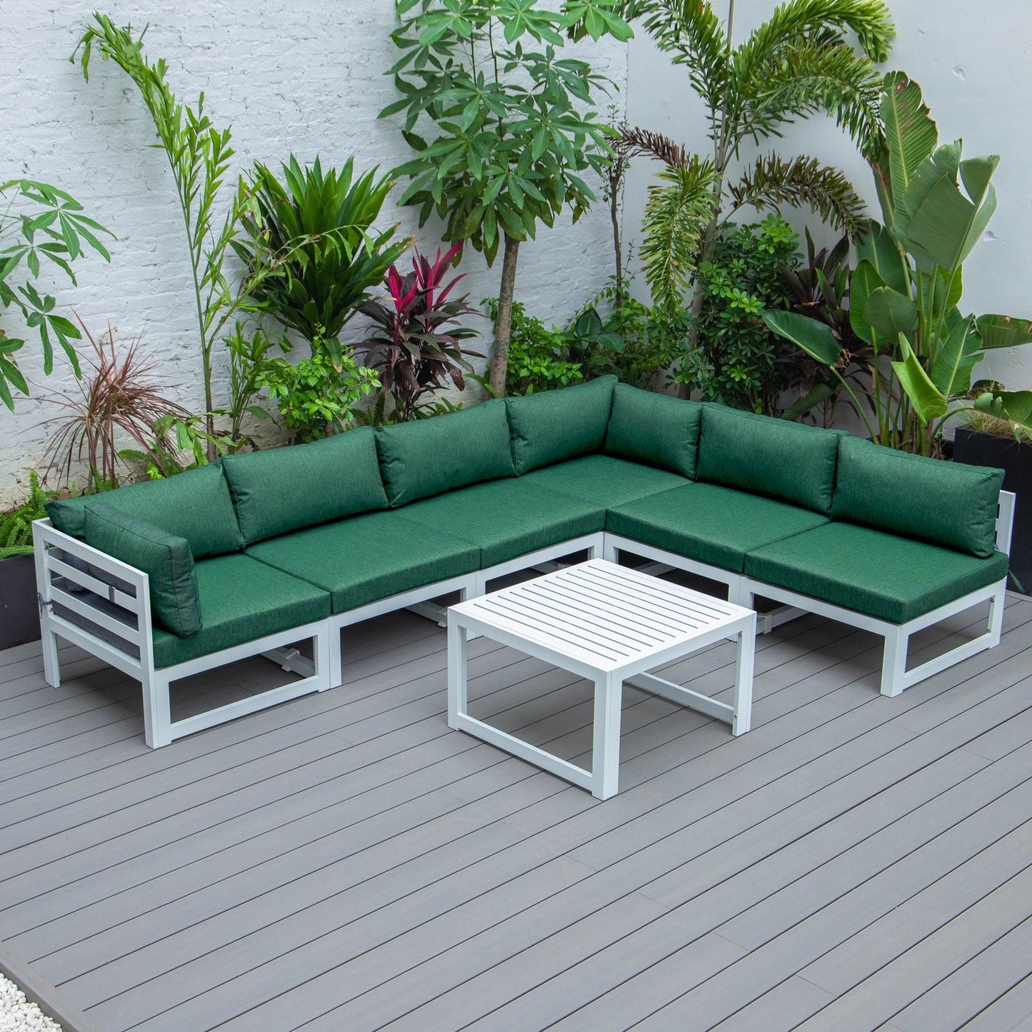 Chelsea 7-Piece Patio Sectional And Coffee Table Set In White Aluminum With Cushions