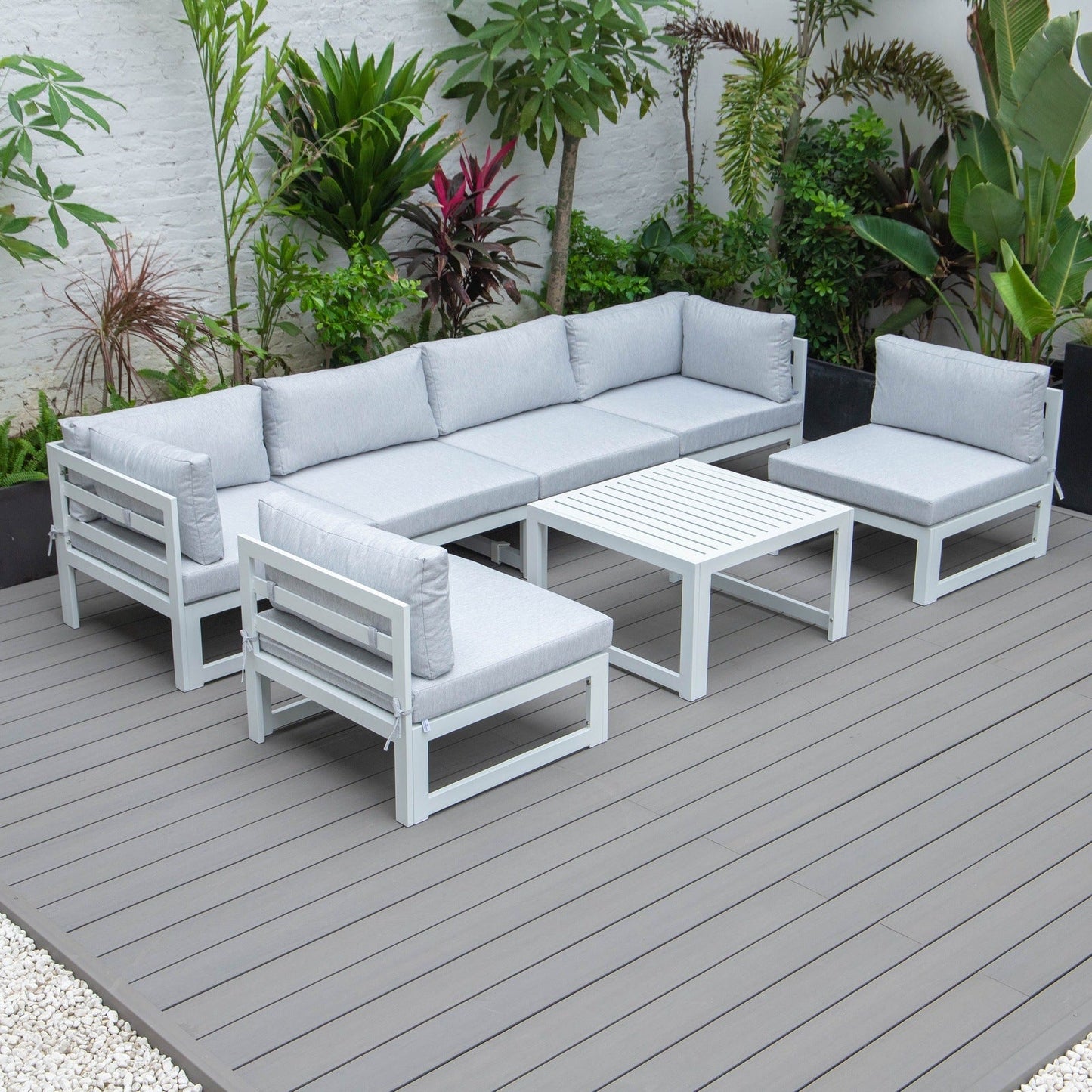 Chelsea 7-Piece Patio Sectional And Coffee Table Set In White Aluminum With Cushions