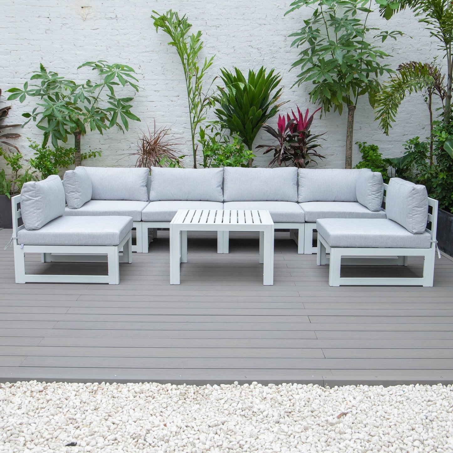 Chelsea 7-Piece Patio Sectional And Coffee Table Set In White Aluminum With Cushions