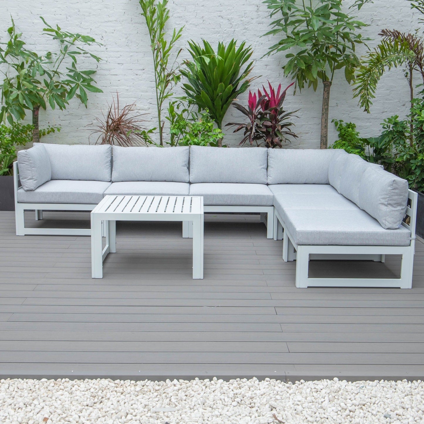 Chelsea 7-Piece Patio Sectional And Coffee Table Set In White Aluminum With Cushions