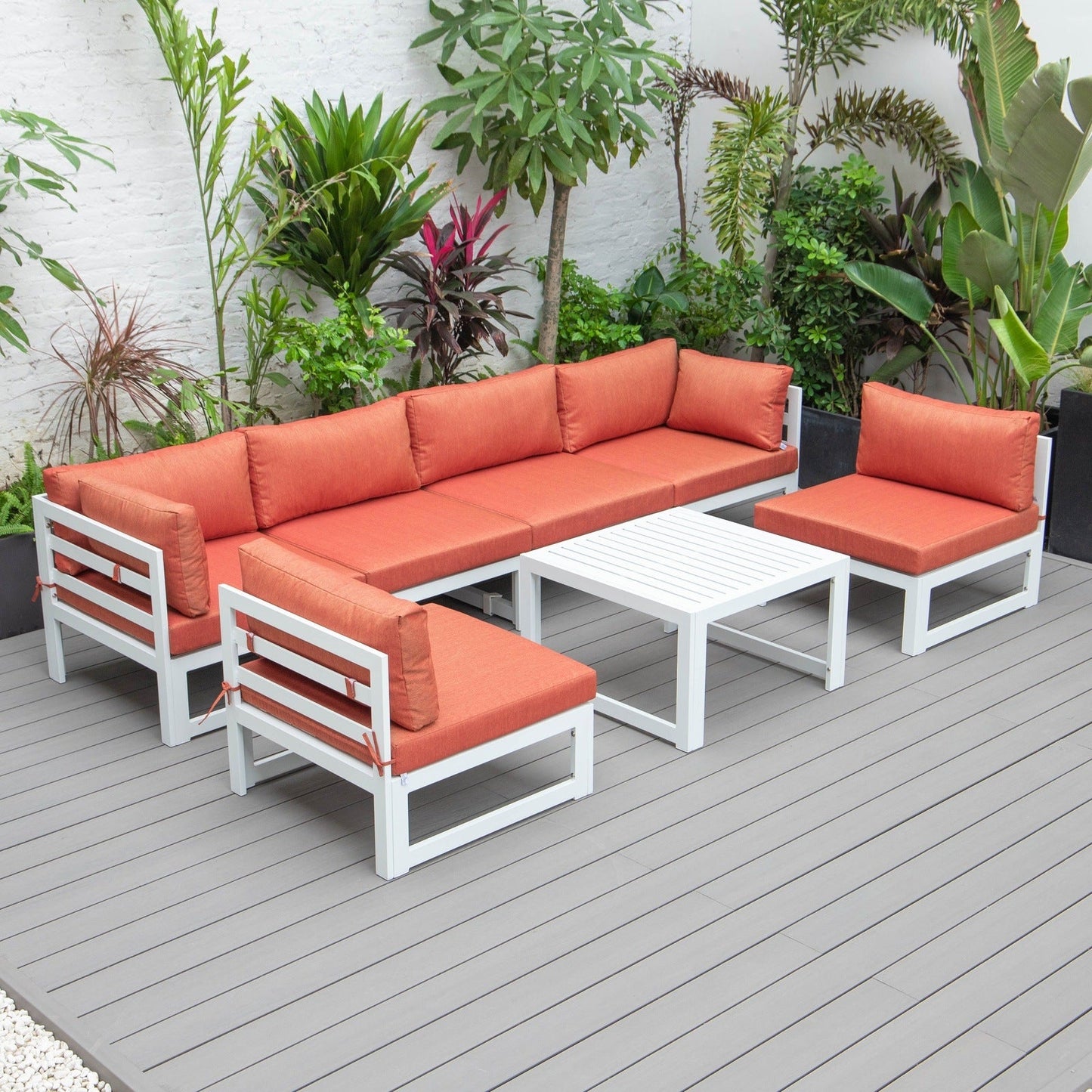 Chelsea 7-Piece Patio Sectional And Coffee Table Set In White Aluminum With Cushions