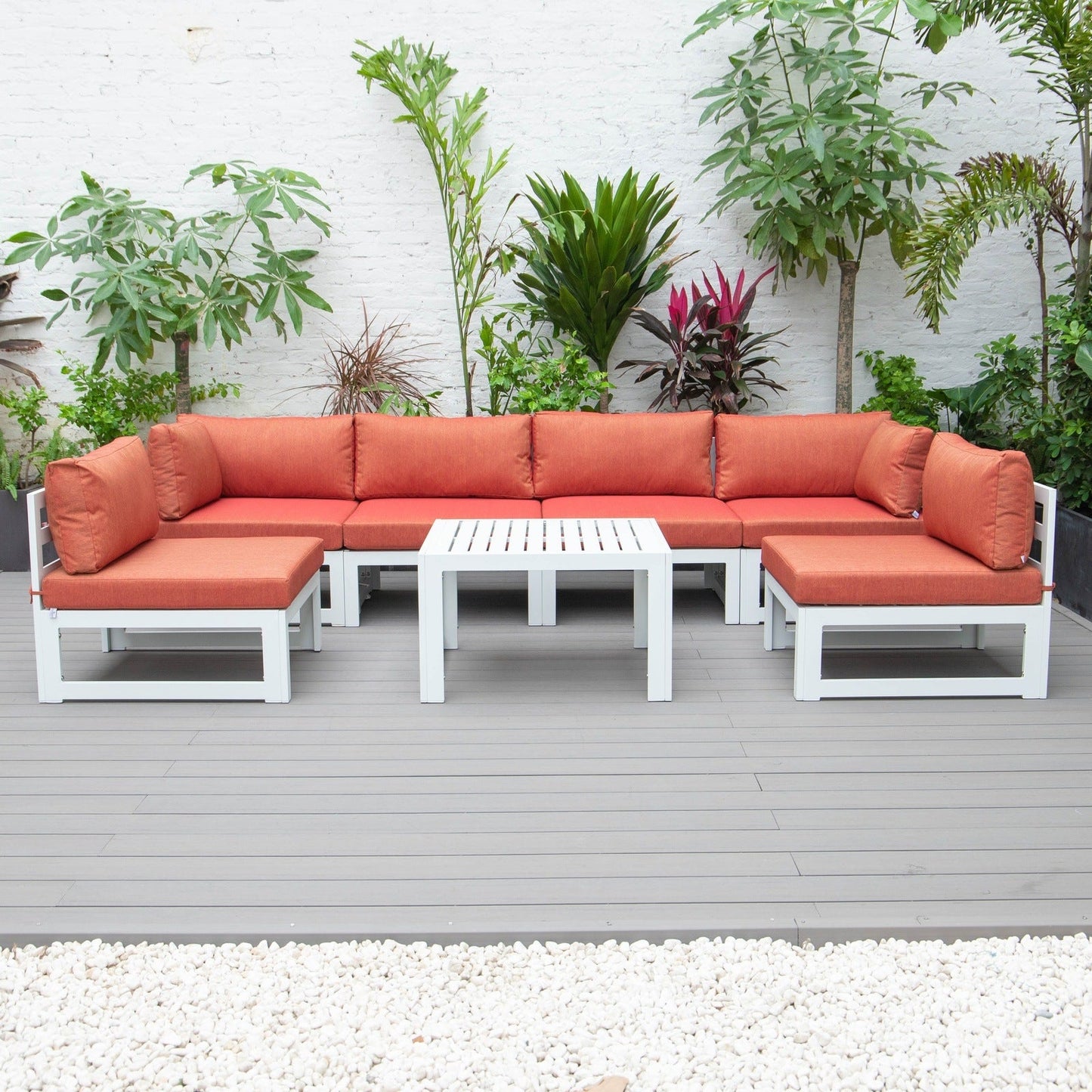 Chelsea 7-Piece Patio Sectional And Coffee Table Set In White Aluminum With Cushions