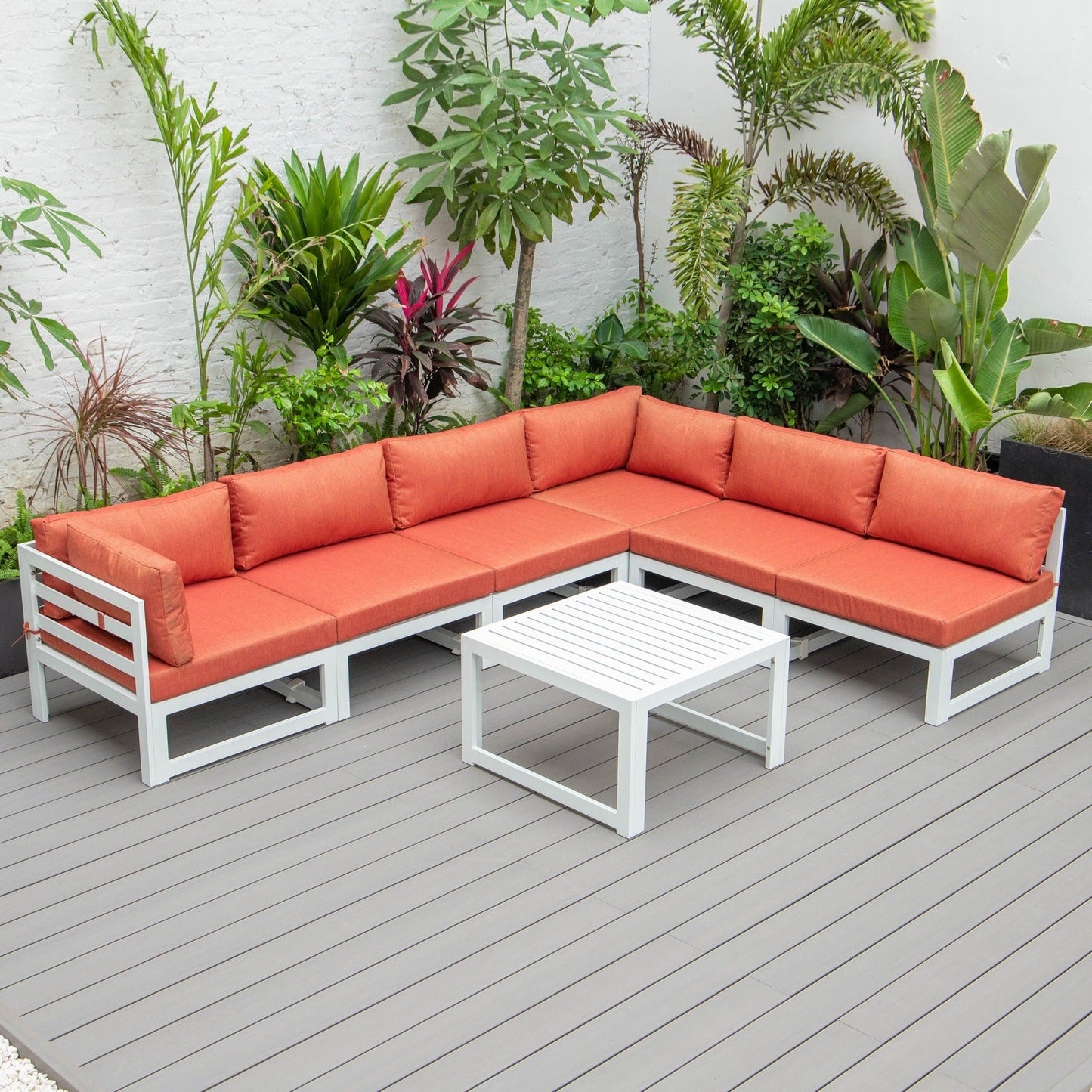 Chelsea 7-Piece Patio Sectional And Coffee Table Set In White Aluminum With Cushions