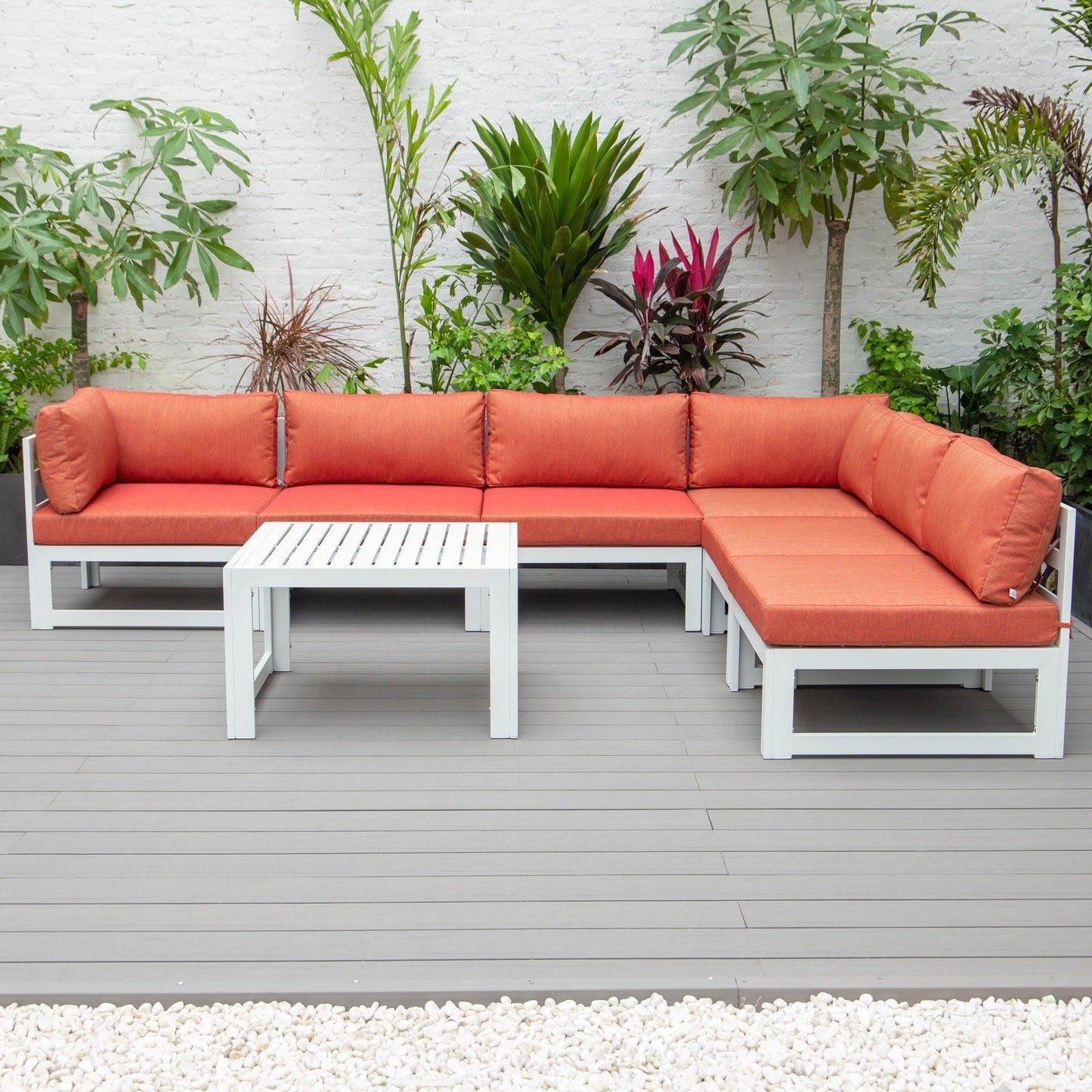 Chelsea 7-Piece Patio Sectional And Coffee Table Set In White Aluminum With Cushions