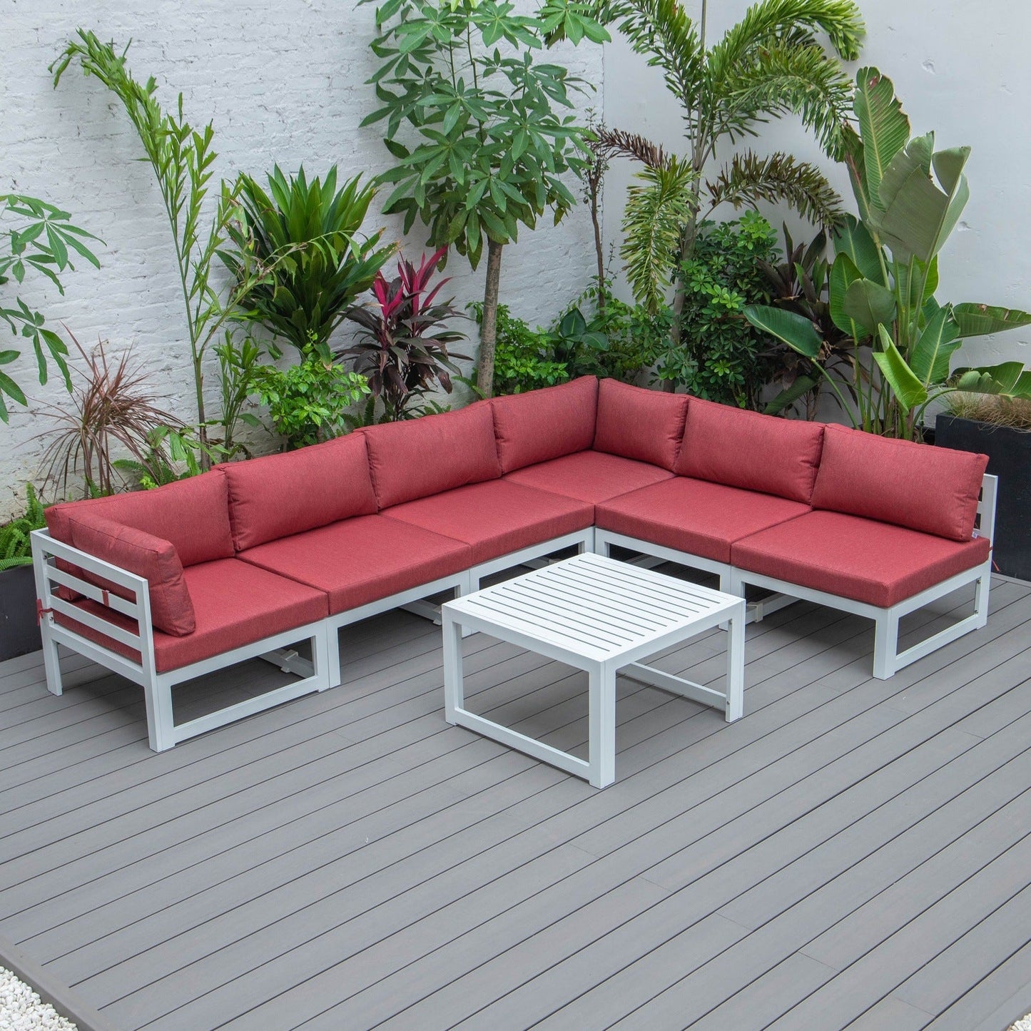 Chelsea 7-Piece Patio Sectional And Coffee Table Set In White Aluminum With Cushions