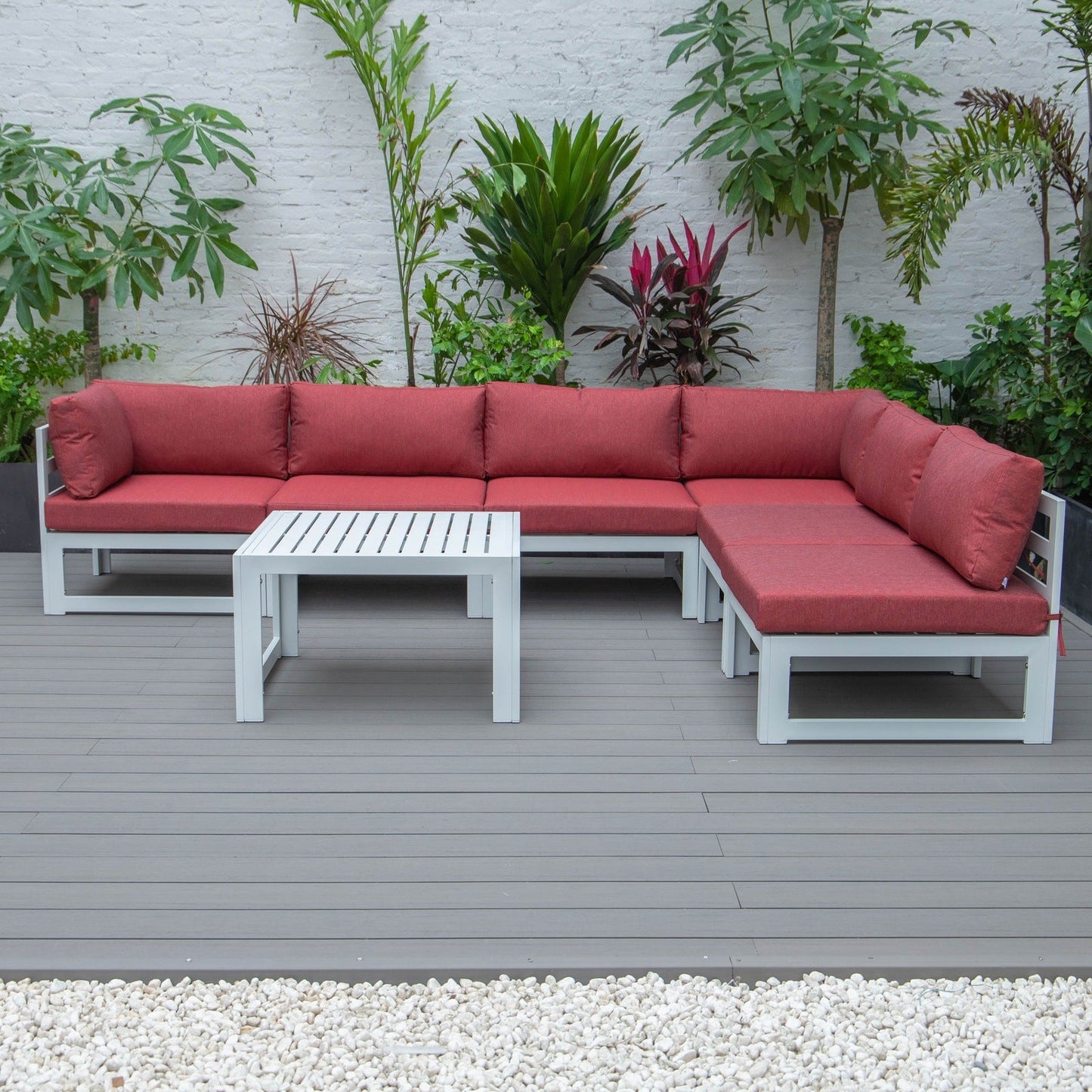Chelsea 7-Piece Patio Sectional And Coffee Table Set In White Aluminum With Cushions
