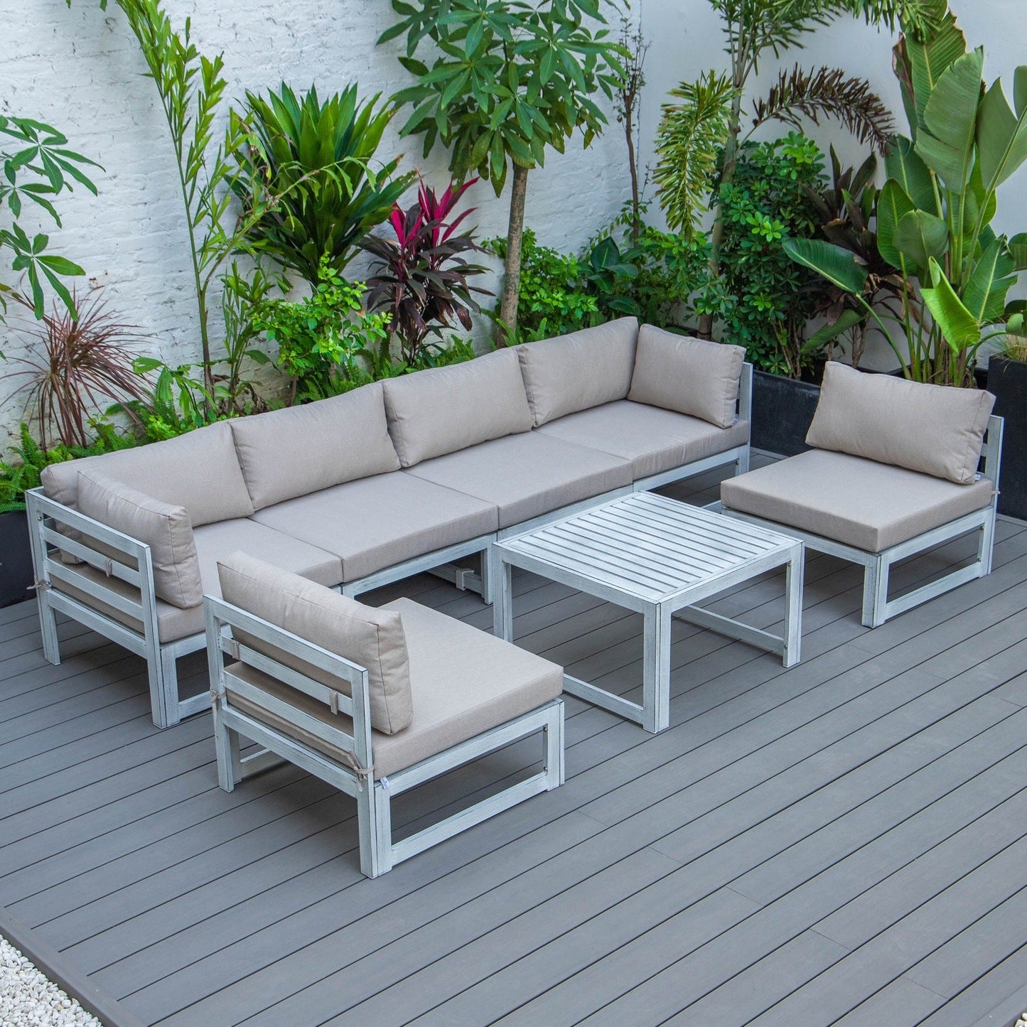 Chelsea 7-Piece Patio Sectional And Coffee Table Set In Weathered Grey Aluminum With Cushions