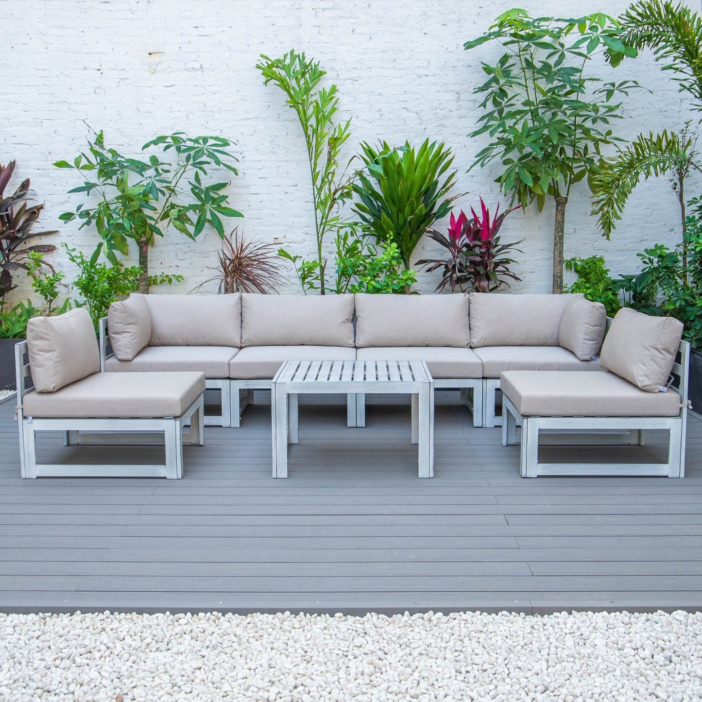 Chelsea 7-Piece Patio Sectional And Coffee Table Set In Weathered Grey Aluminum With Cushions