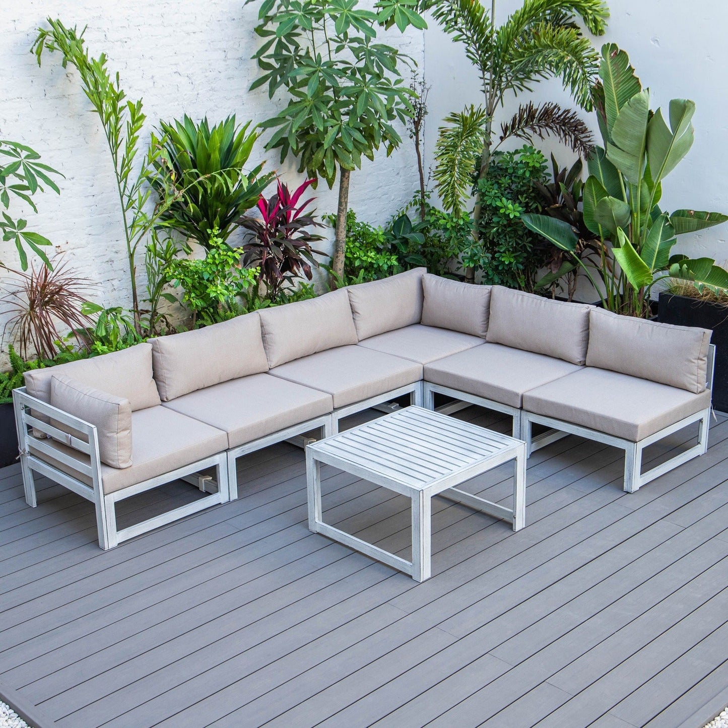 Chelsea 7-Piece Patio Sectional And Coffee Table Set In Weathered Grey Aluminum With Cushions