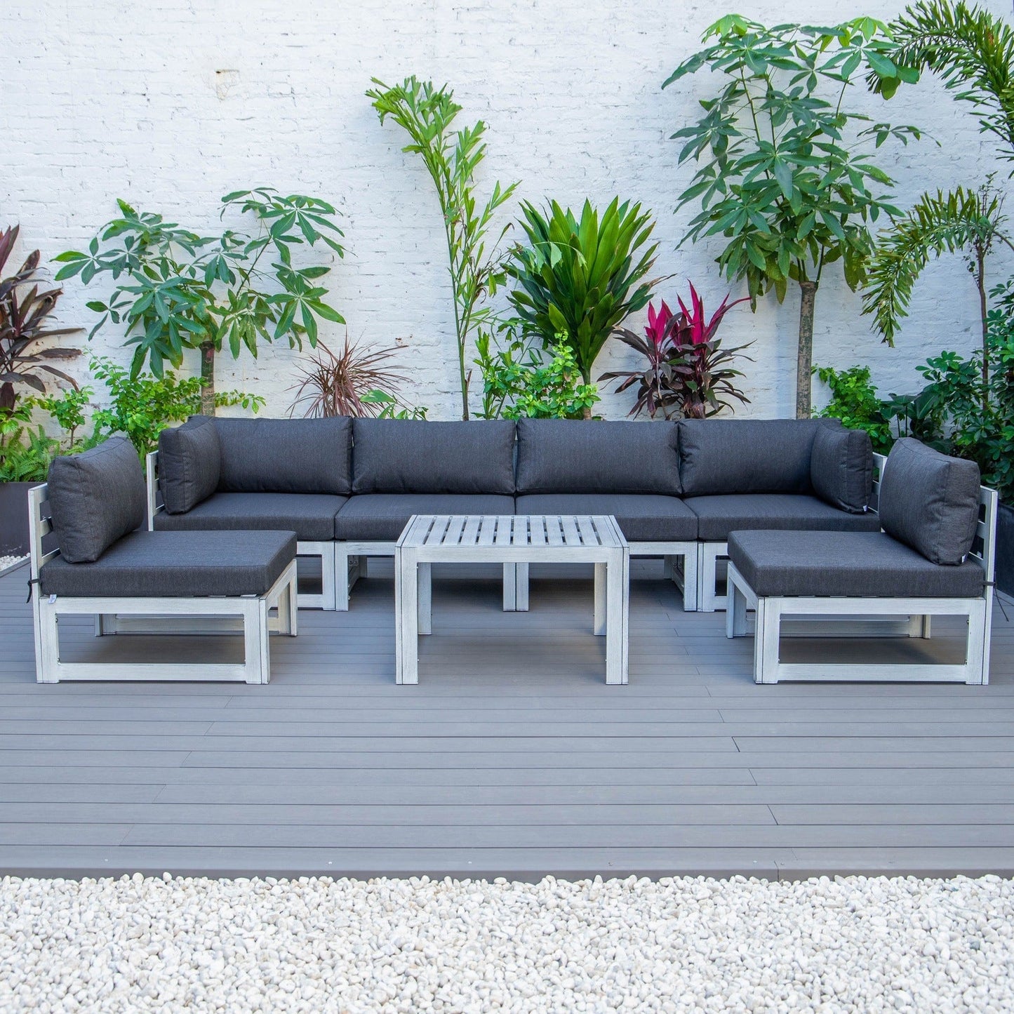 Chelsea 7-Piece Patio Sectional And Coffee Table Set In Weathered Grey Aluminum With Cushions