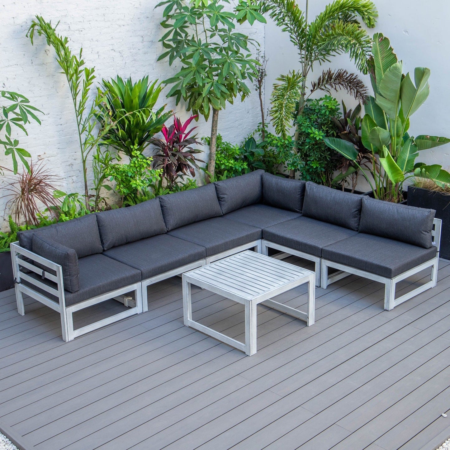 Chelsea 7-Piece Patio Sectional And Coffee Table Set In Weathered Grey Aluminum With Cushions