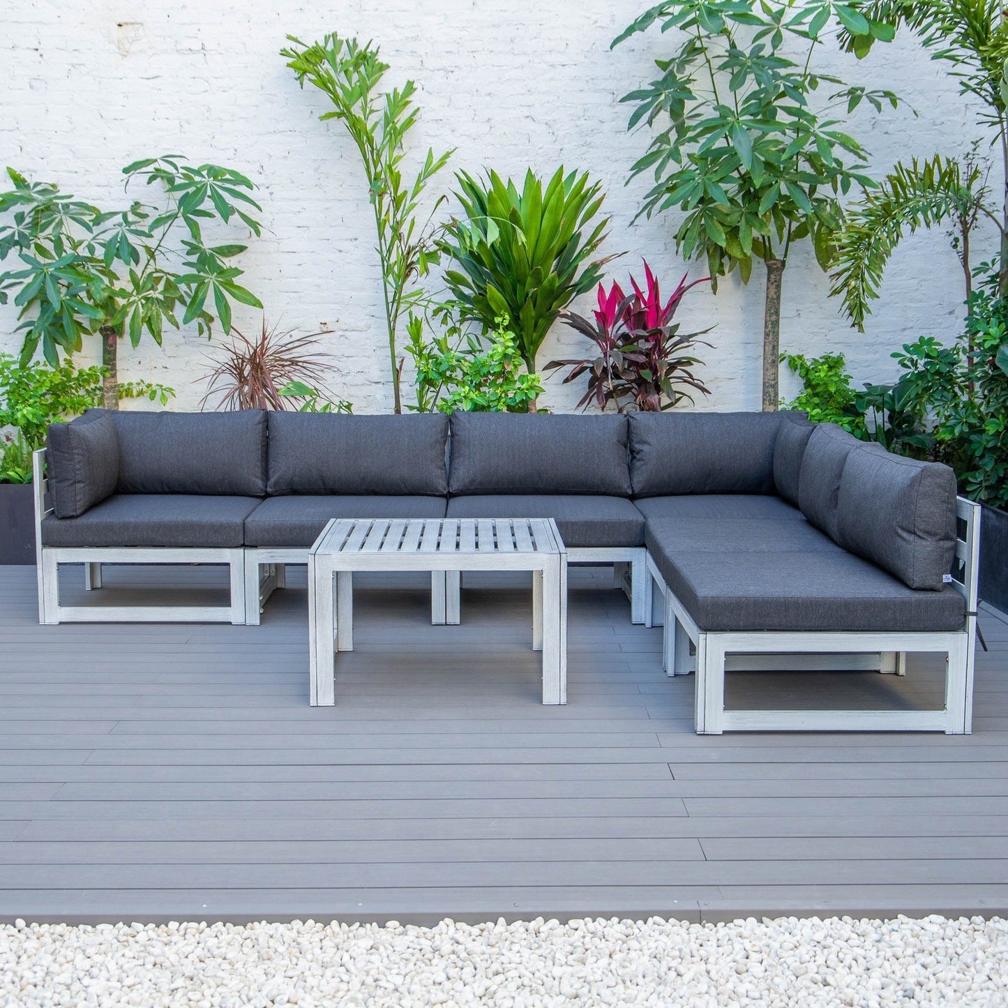 Chelsea 7-Piece Patio Sectional And Coffee Table Set In Weathered Grey Aluminum With Cushions