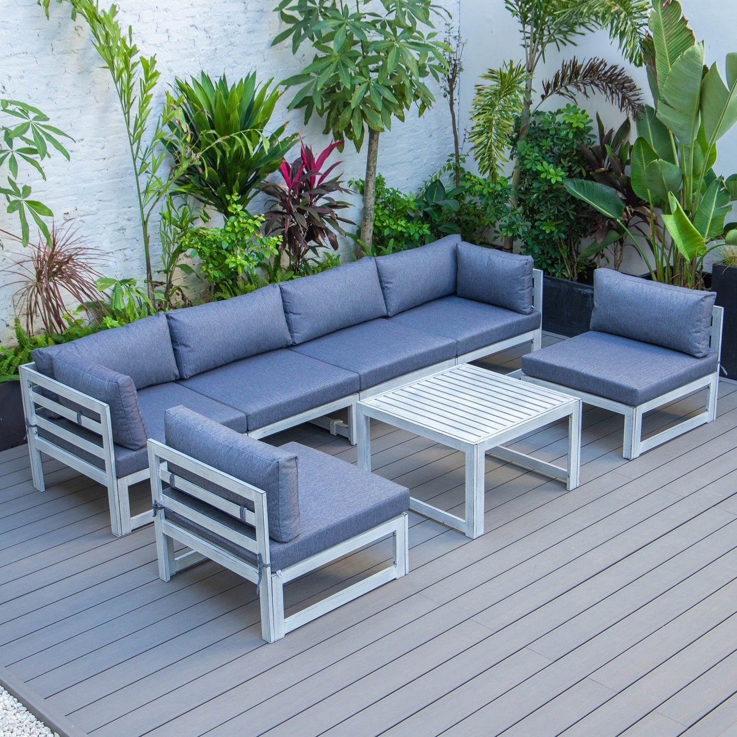 Chelsea 7-Piece Patio Sectional And Coffee Table Set In Weathered Grey Aluminum With Cushions