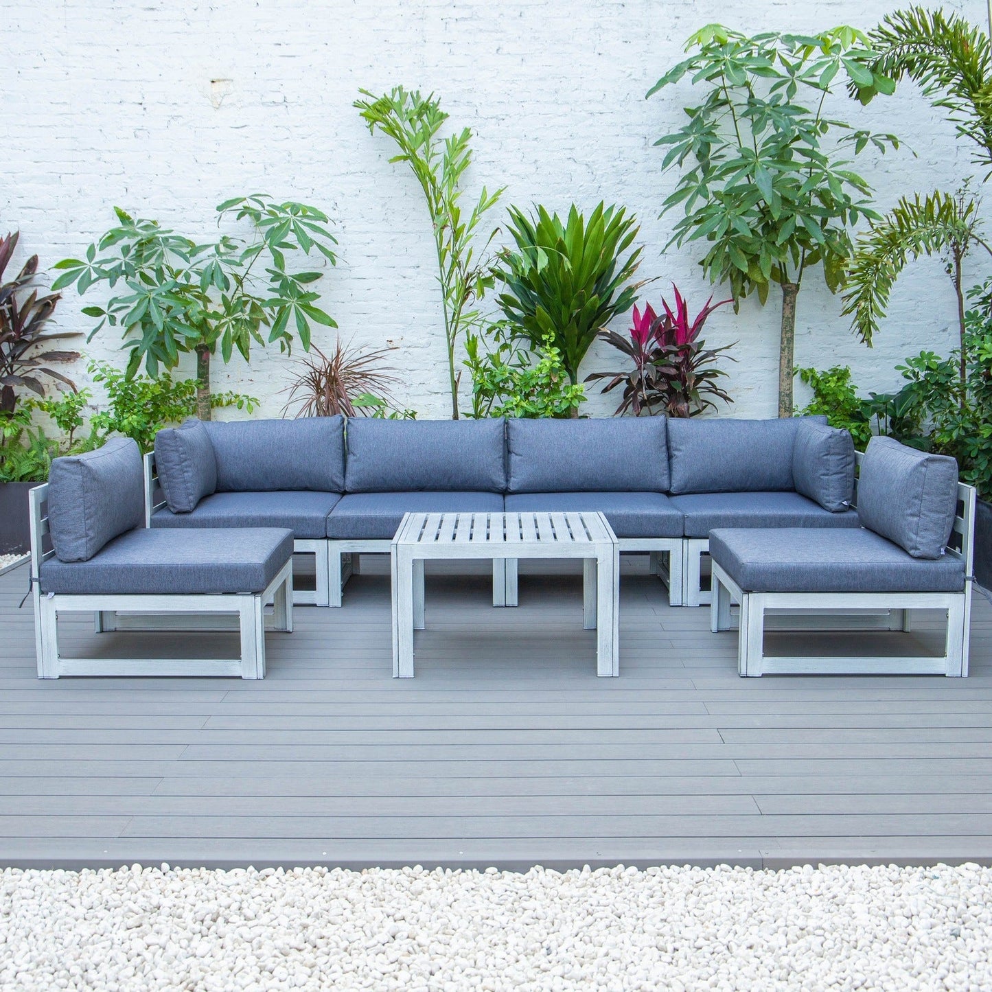 Chelsea 7-Piece Patio Sectional And Coffee Table Set In Weathered Grey Aluminum With Cushions