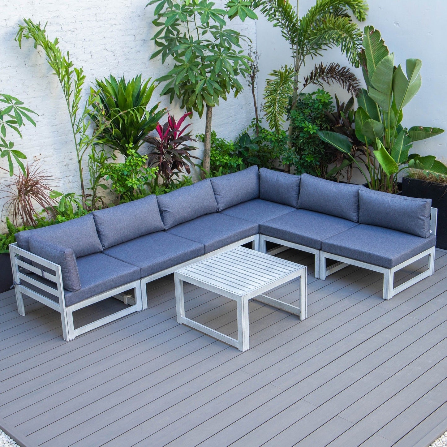 Chelsea 7-Piece Patio Sectional And Coffee Table Set In Weathered Grey Aluminum With Cushions