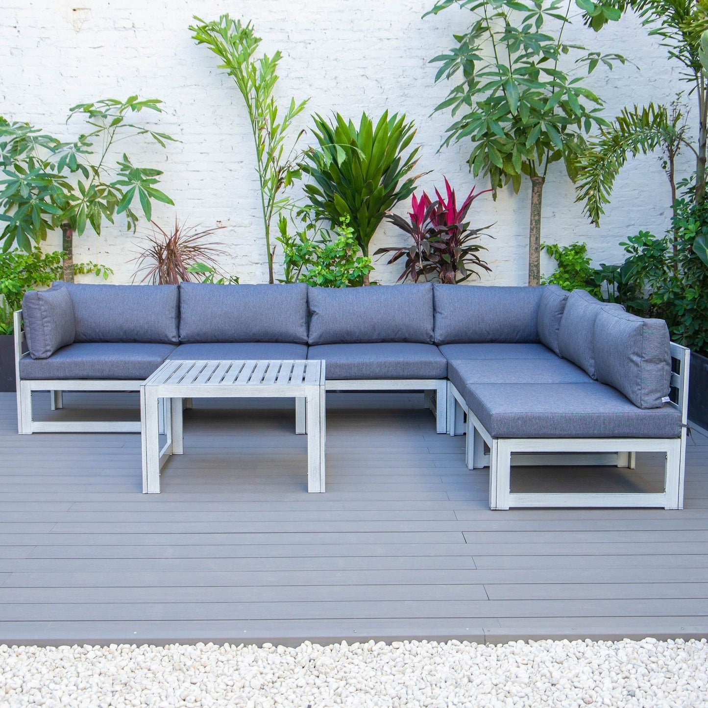 Chelsea 7-Piece Patio Sectional And Coffee Table Set In Weathered Grey Aluminum With Cushions